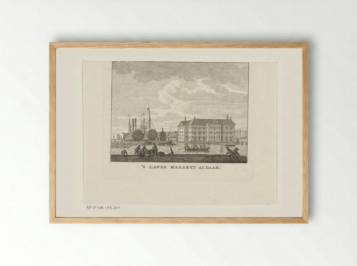 Stadsgezicht met zeemagazijn en haven met schepen te Amsterdam - Cornelis Brouwer - Framed Print Wood