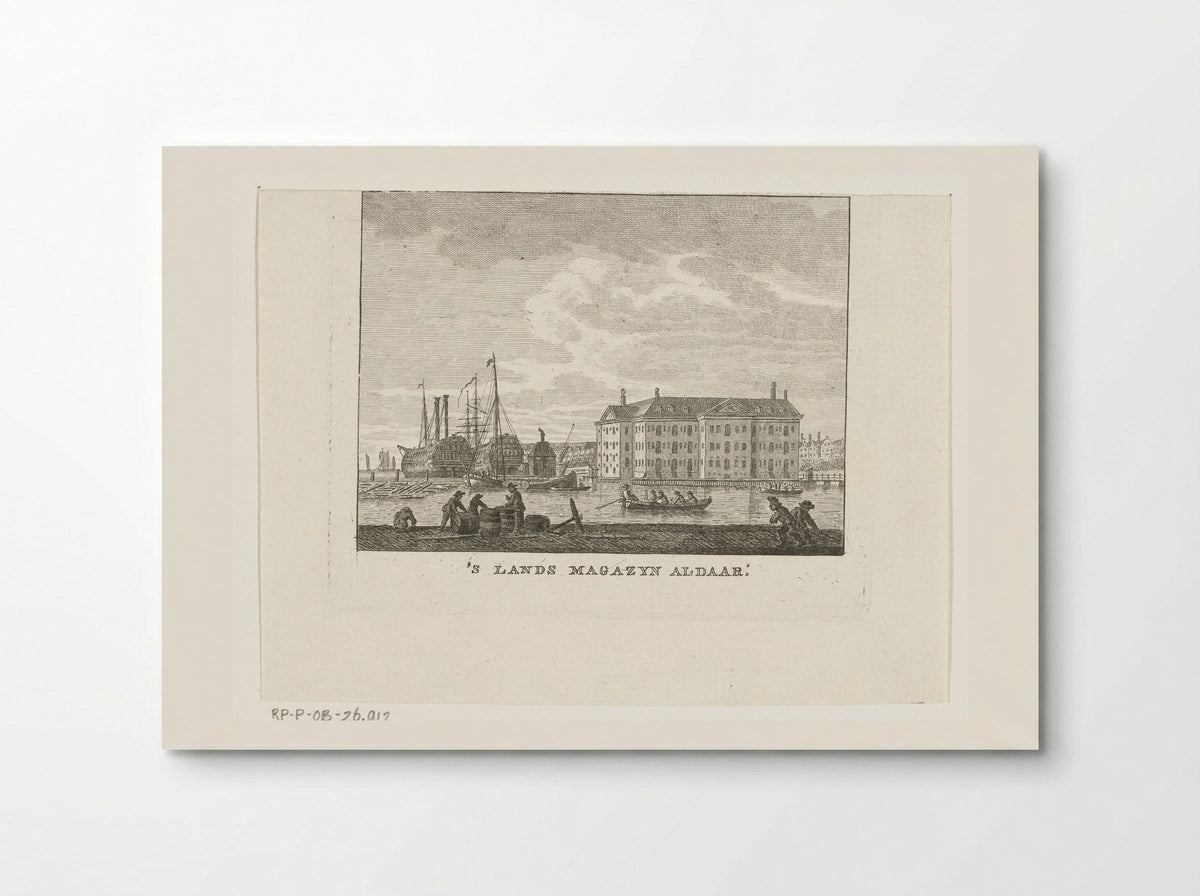 Stadsgezicht met zeemagazijn en haven met schepen te Amsterdam - Cornelis Brouwer - Poster