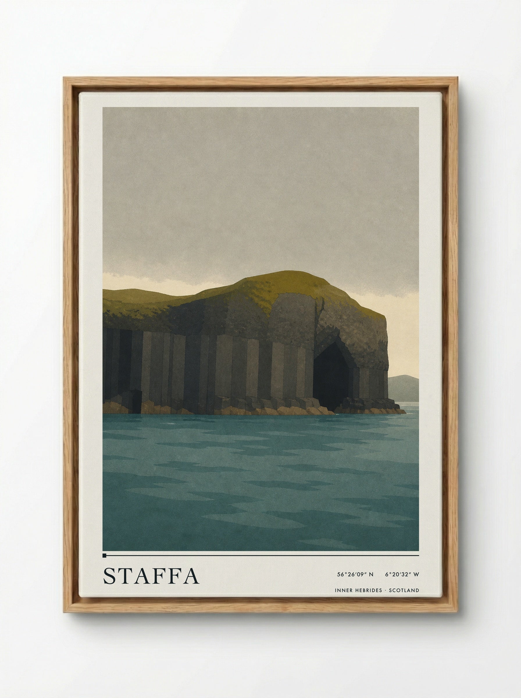 Staffa Travel Poster Artwork - Framed Canvas Wood