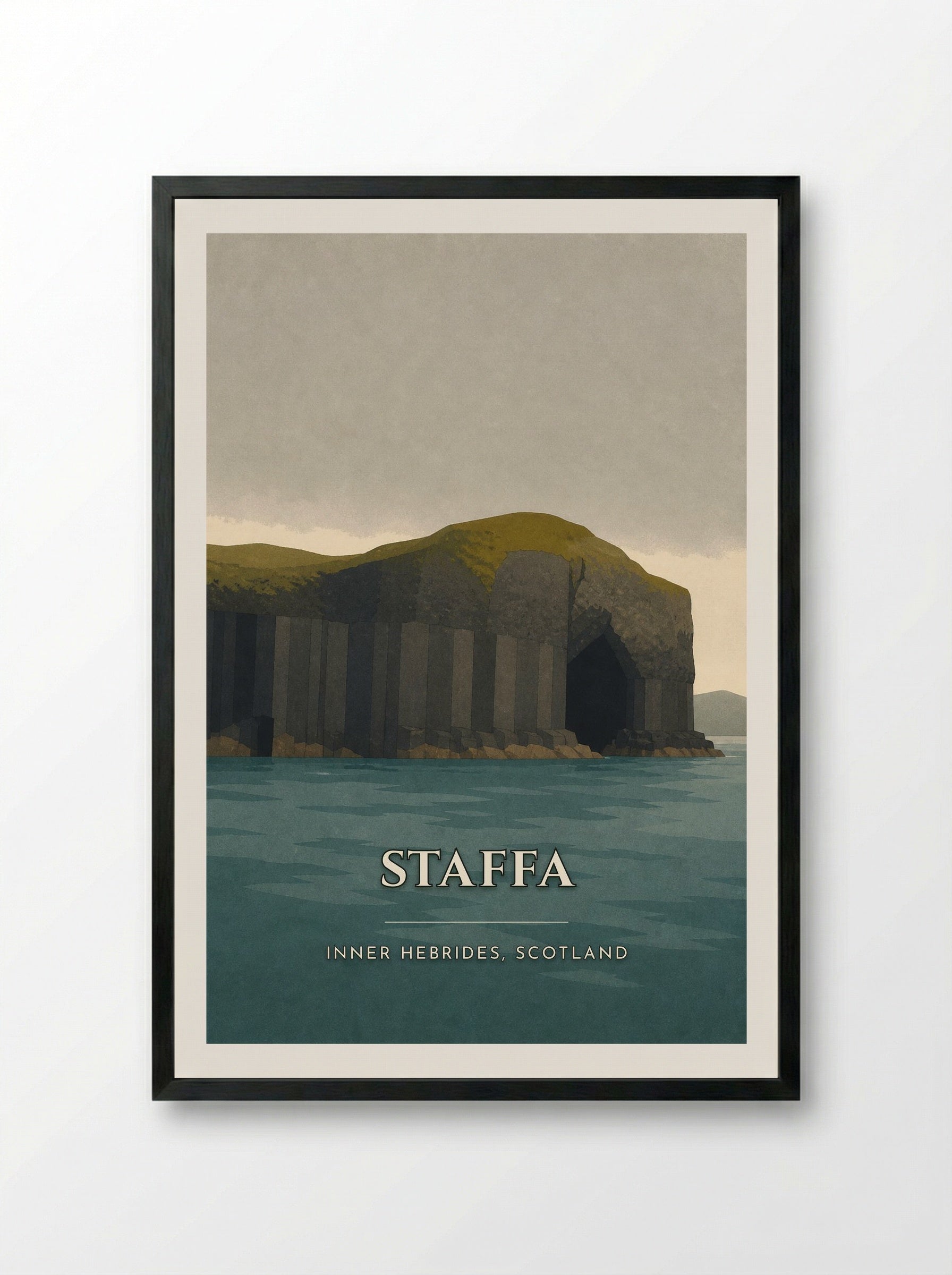 Staffa Travel Poster Artwork - Framed Print Black