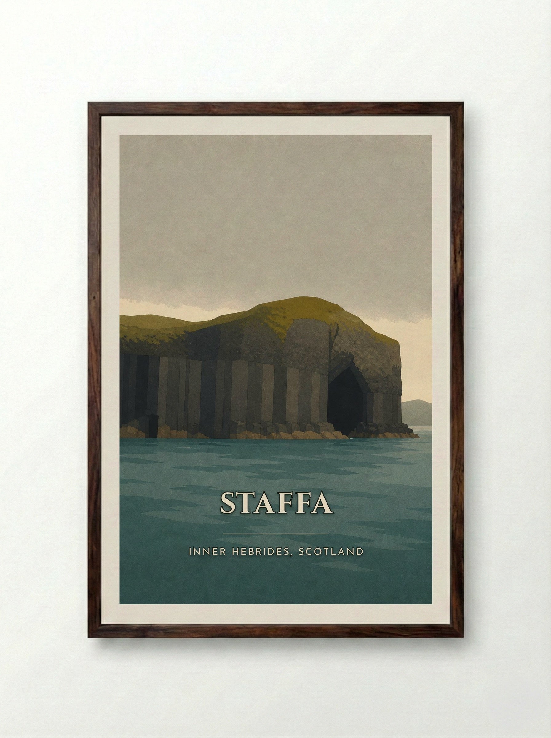 Staffa Travel Poster Artwork - Framed Print Dark Wood