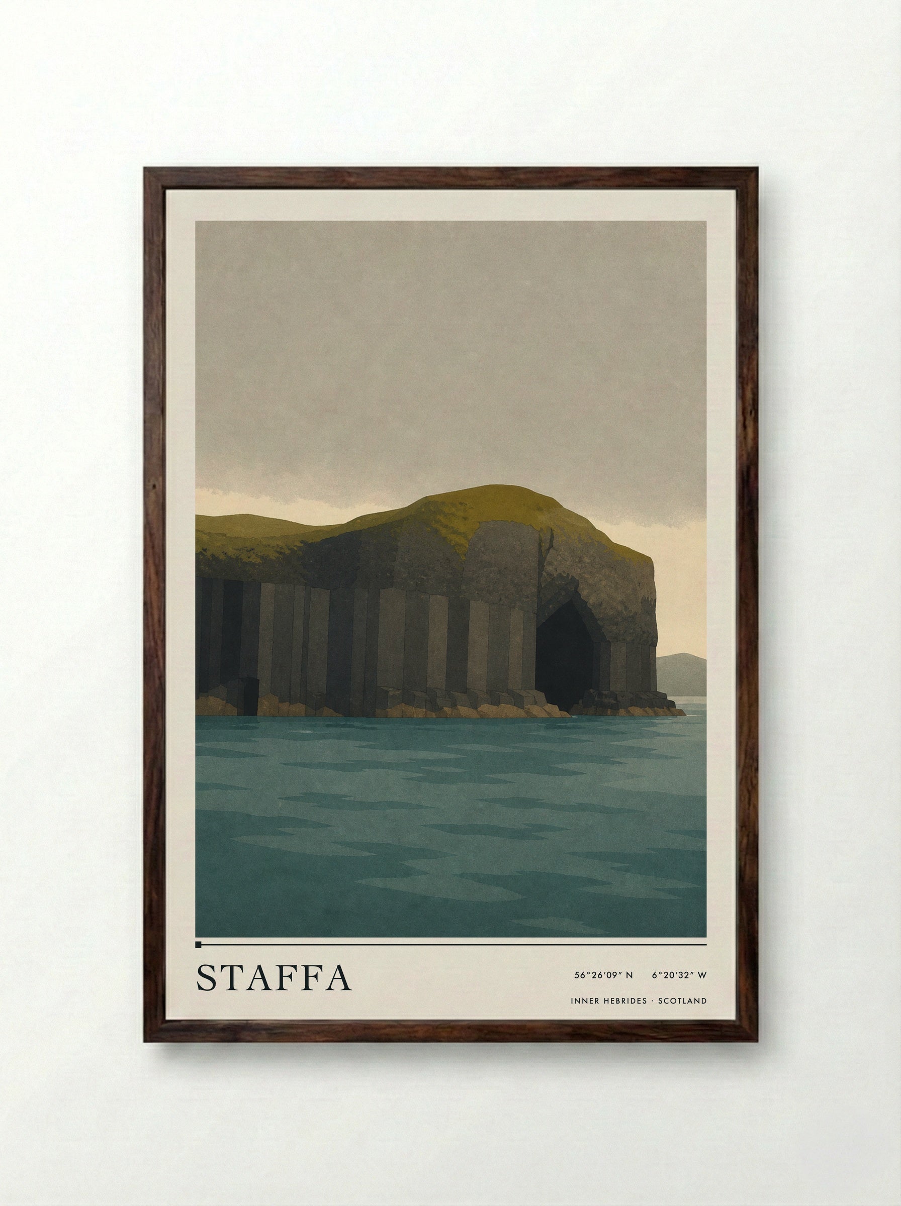 Staffa Travel Poster Artwork - Framed Print Dark Wood