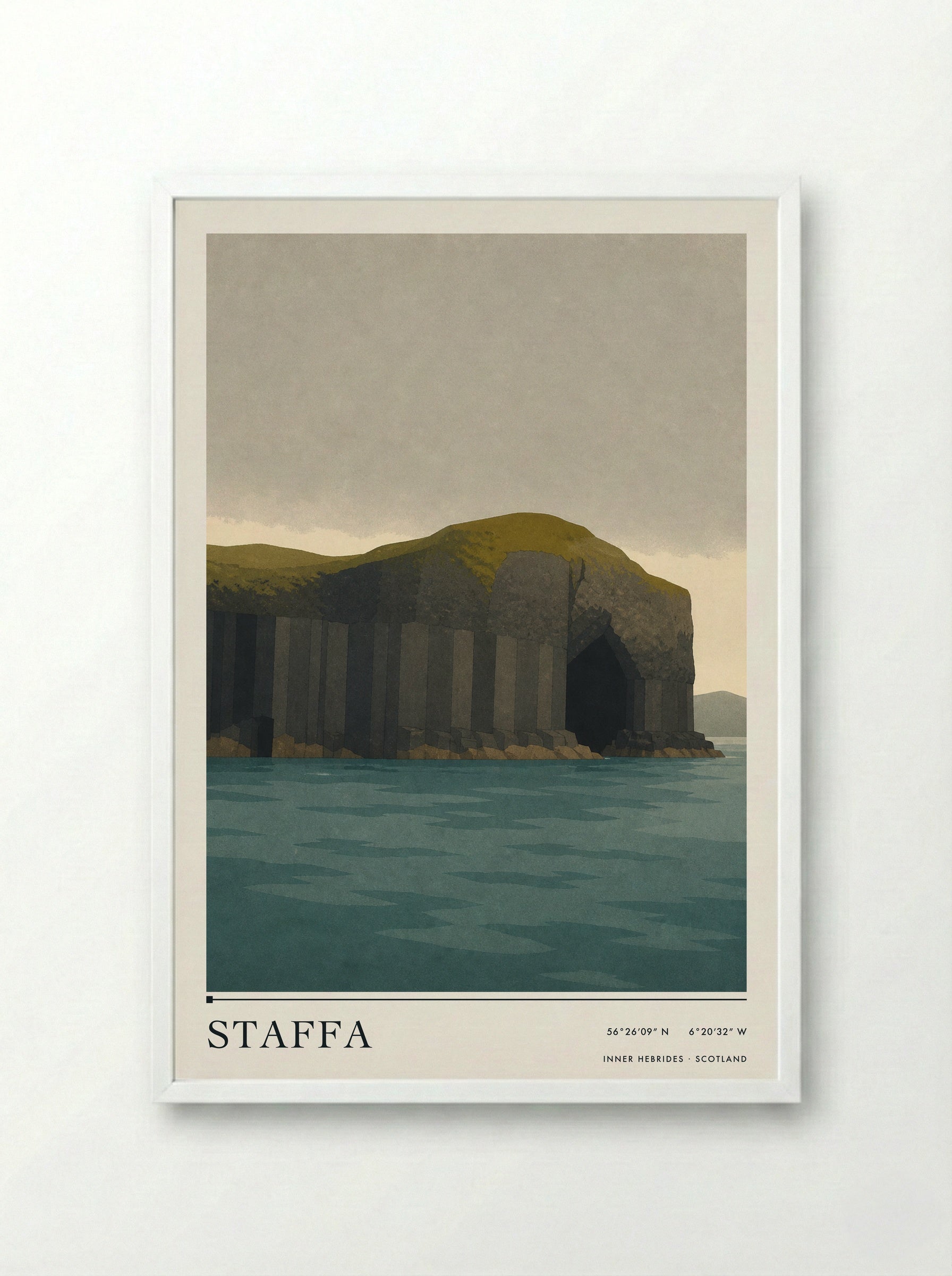 Staffa Travel Poster Artwork - Framed Print White