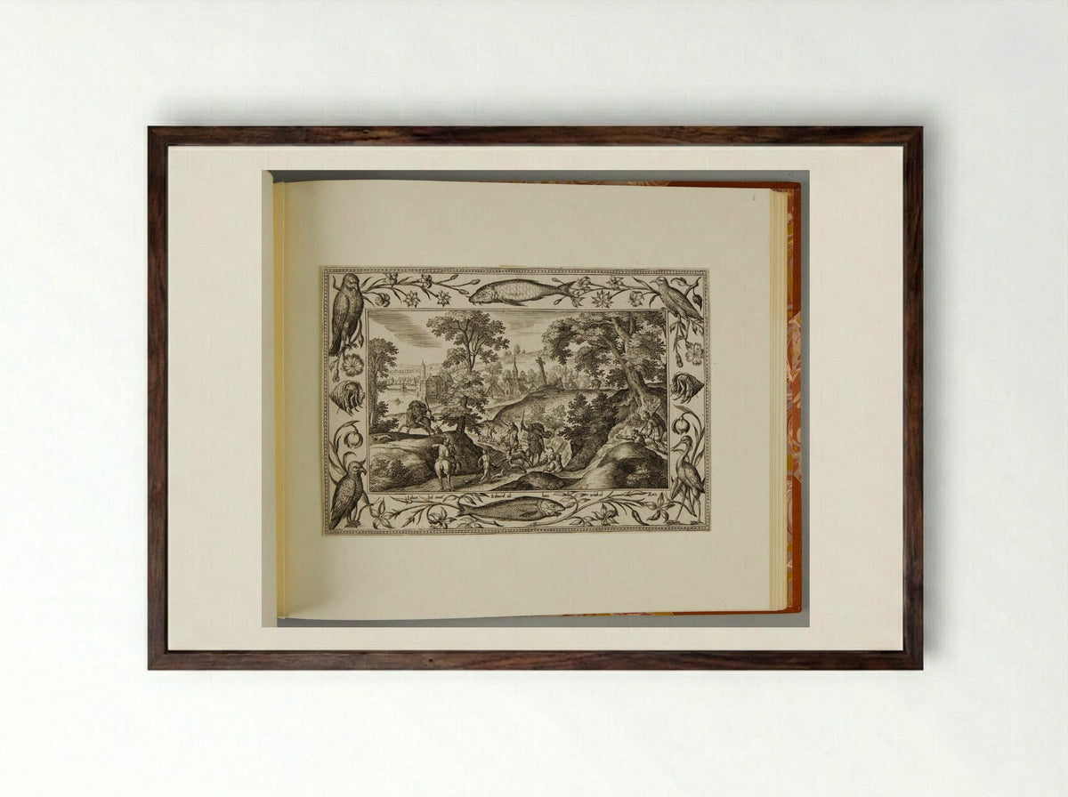 Stag Hunt, with Fish, Eagle, Hermit Crab, and Stork - Adriaen Collaert - Framed Print Dark Wood