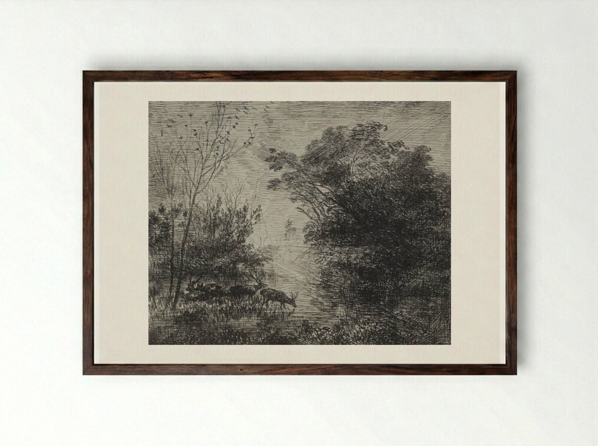Stags - Charles François Daubigny - Framed Print Dark Wood