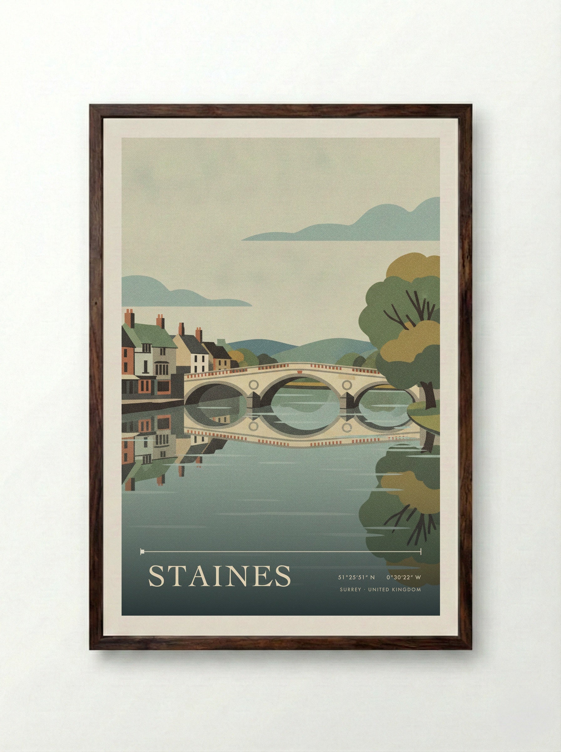Staines Surrey United Kingdom Travel Poster - Framed Print Dark Wood