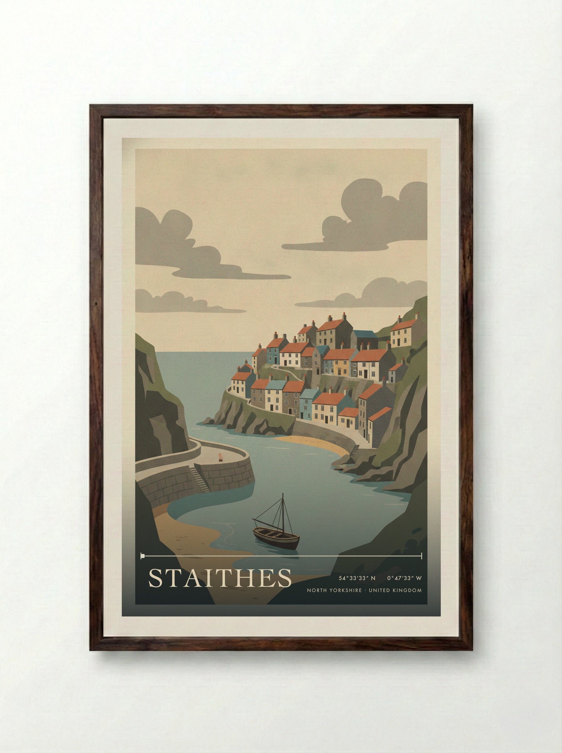 Staithes North Yorkshire United Kingdom Travel Poster - Framed Print Dark Wood