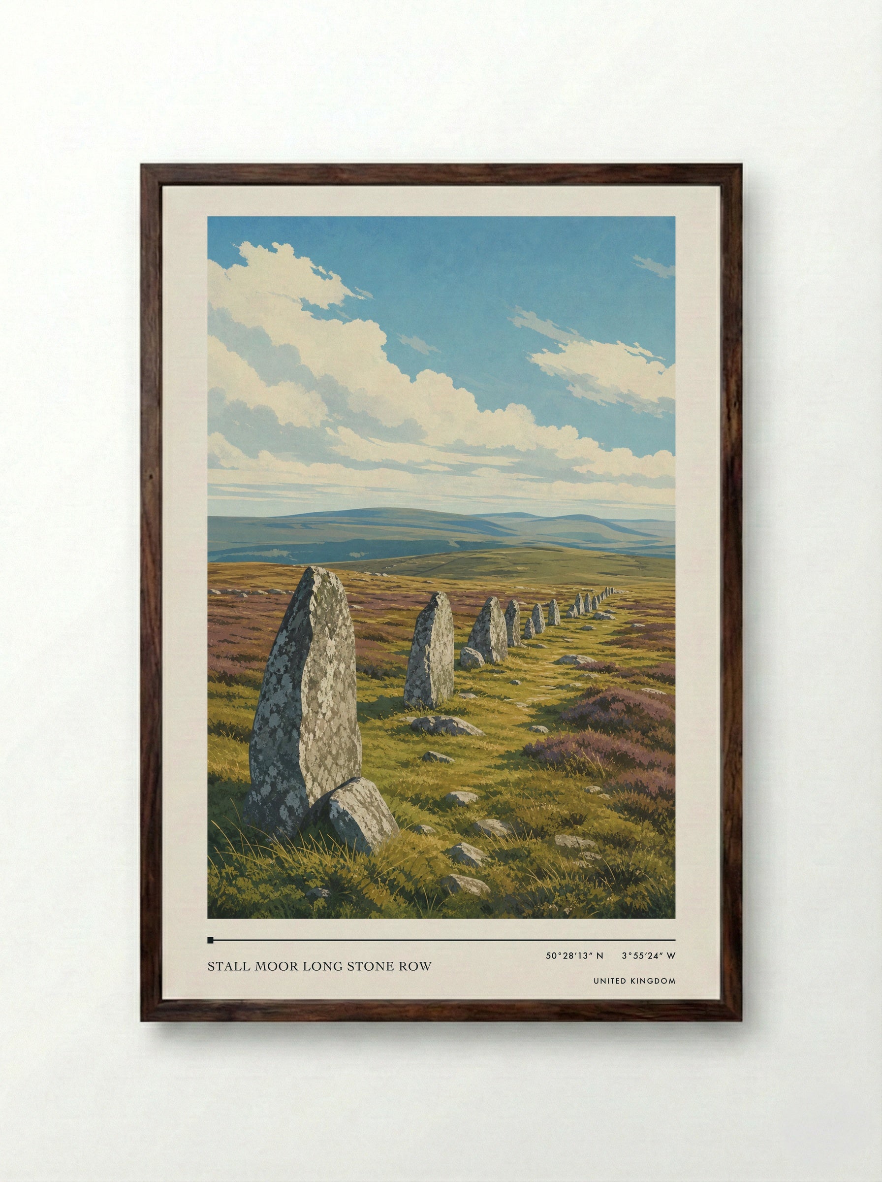 Stall Moor Long Stone Row United Kingdom Travel Poster - Framed Print Dark Wood