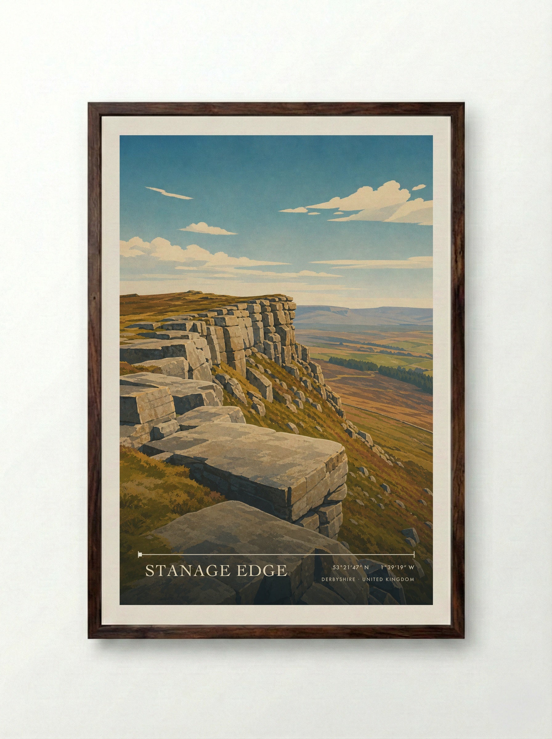 Stanage Edge Derbyshire United Kingdom Travel Poster - Framed Print Dark Wood