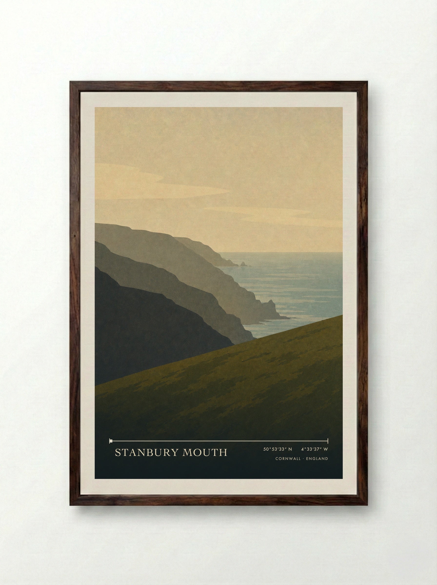 Stanbury Mouth Cornwall England Travel Poster - Framed Print Dark Wood