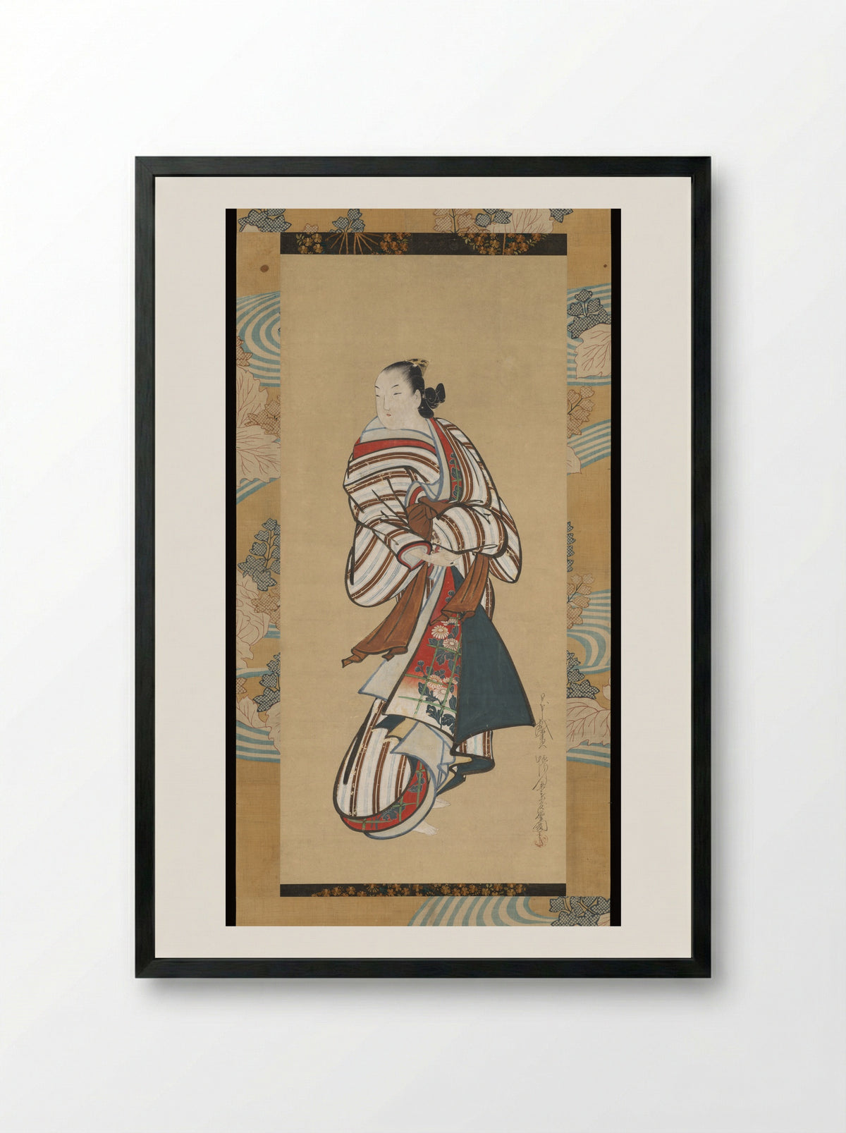 Standing Courtesan Looking Over Her Shoulder - Kaigetsudō Dohan - Framed Print Black