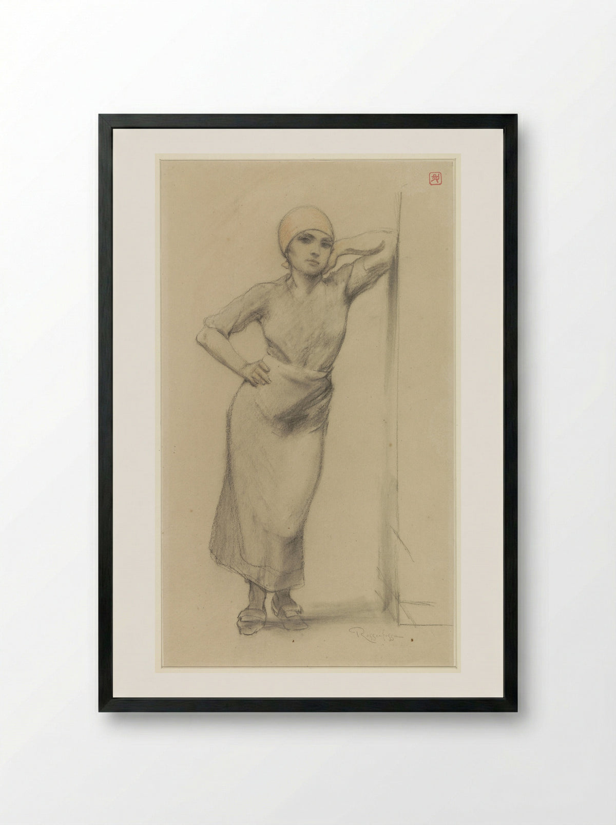 Standing Factory Girl Leaning Against a Doorpost - Armand Rassenfosse - Framed Print Black