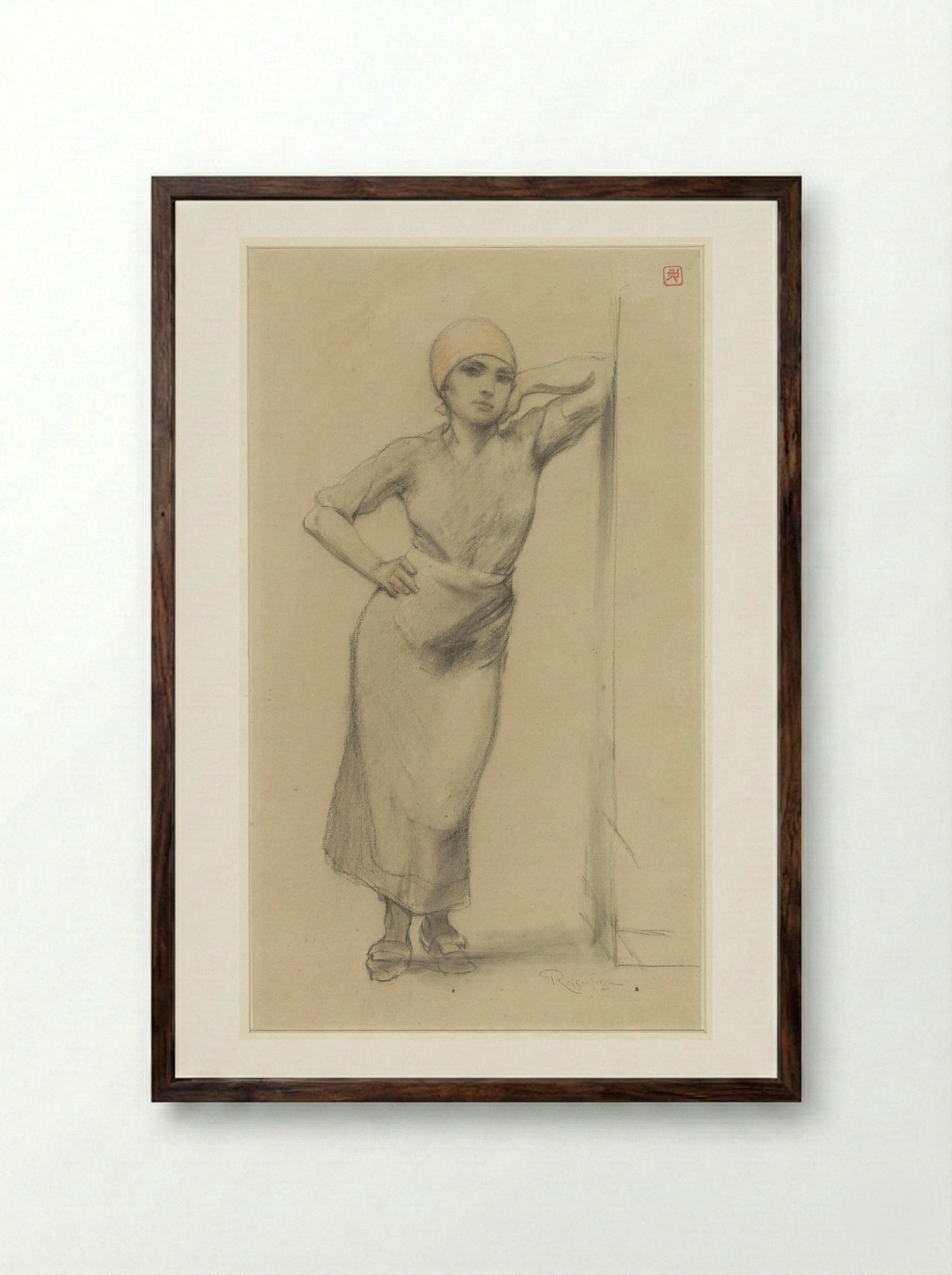 Standing Factory Girl Leaning Against a Doorpost - Armand Rassenfosse - Framed Print Dark Wood