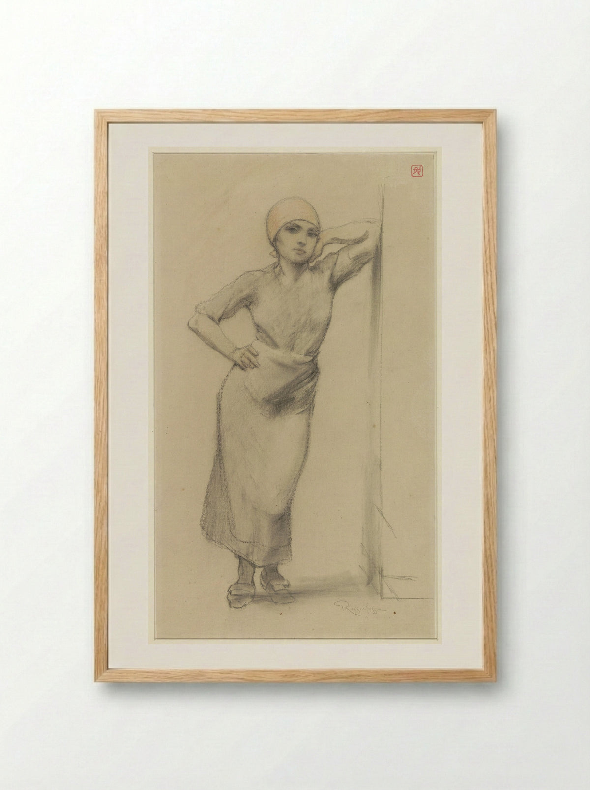 Standing Factory Girl Leaning Against a Doorpost - Armand Rassenfosse - Framed Print Wood