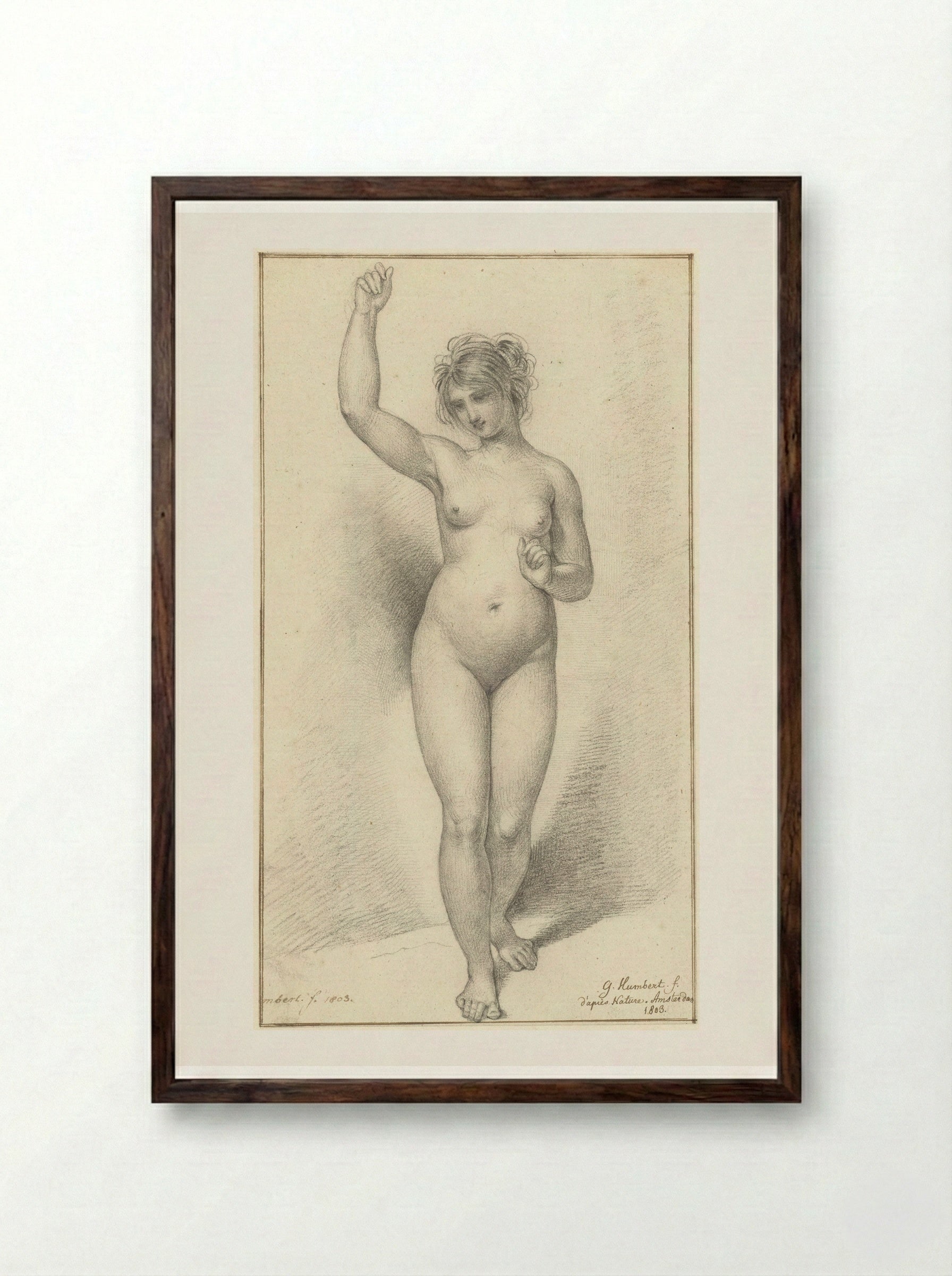 Standing Female Nude, with Raised Right Arm - David Pièrre Giottino Humbert de Superville - Framed Print Dark Wood