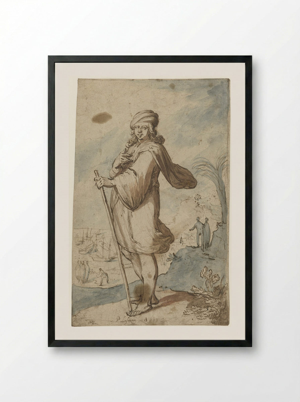 Standing Figure with Turban, Seen from the Side - Pieter Lastman - Framed Print Black