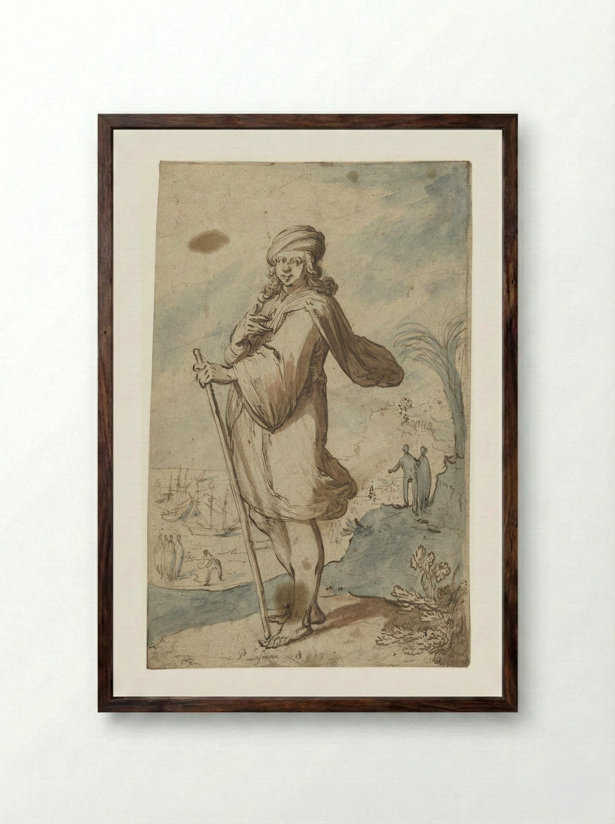 Standing Figure with Turban, Seen from the Side - Pieter Lastman - Framed Print Dark Wood