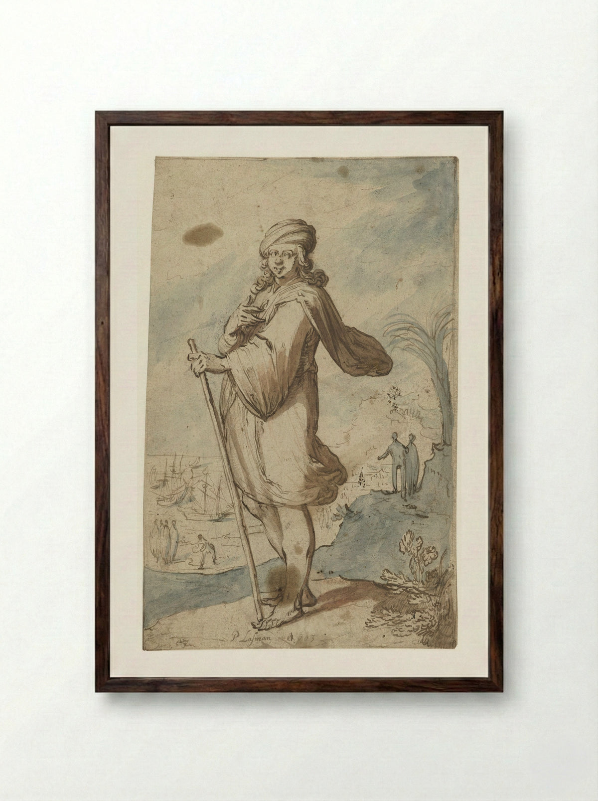 Standing Figure with Turban, Seen from the Side - Pieter Lastman - Framed Print Dark Wood