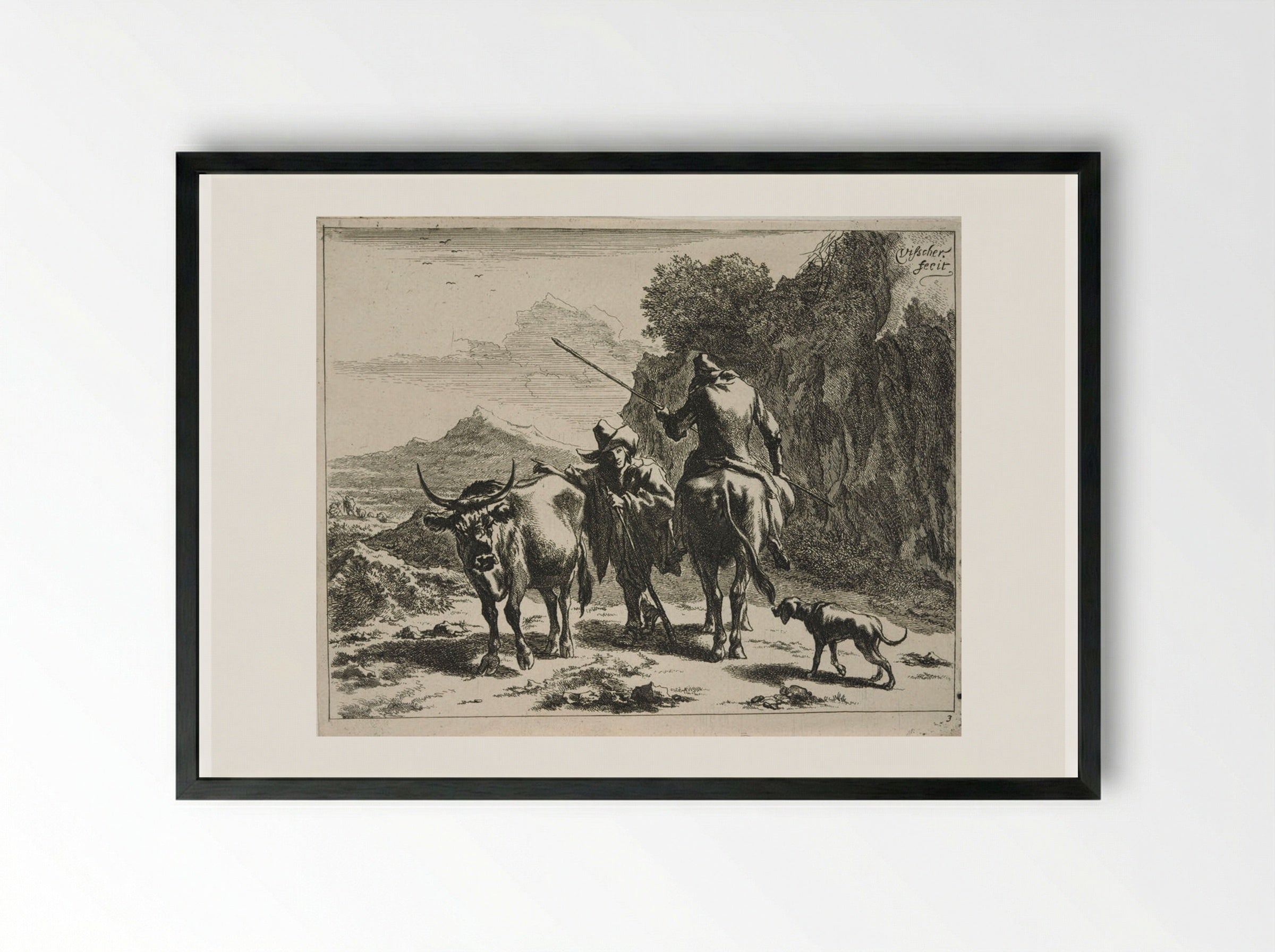 Standing Herdsman Chatting with a Mounted Herdsman - Johannes Visscher - Framed Print Black