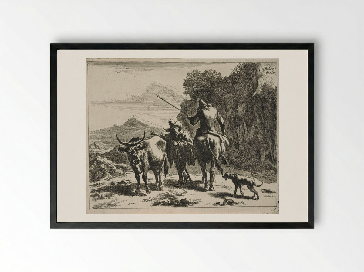 Standing Herdsman Chatting with a Mounted Herdsman - Johannes Visscher - Framed Print Black