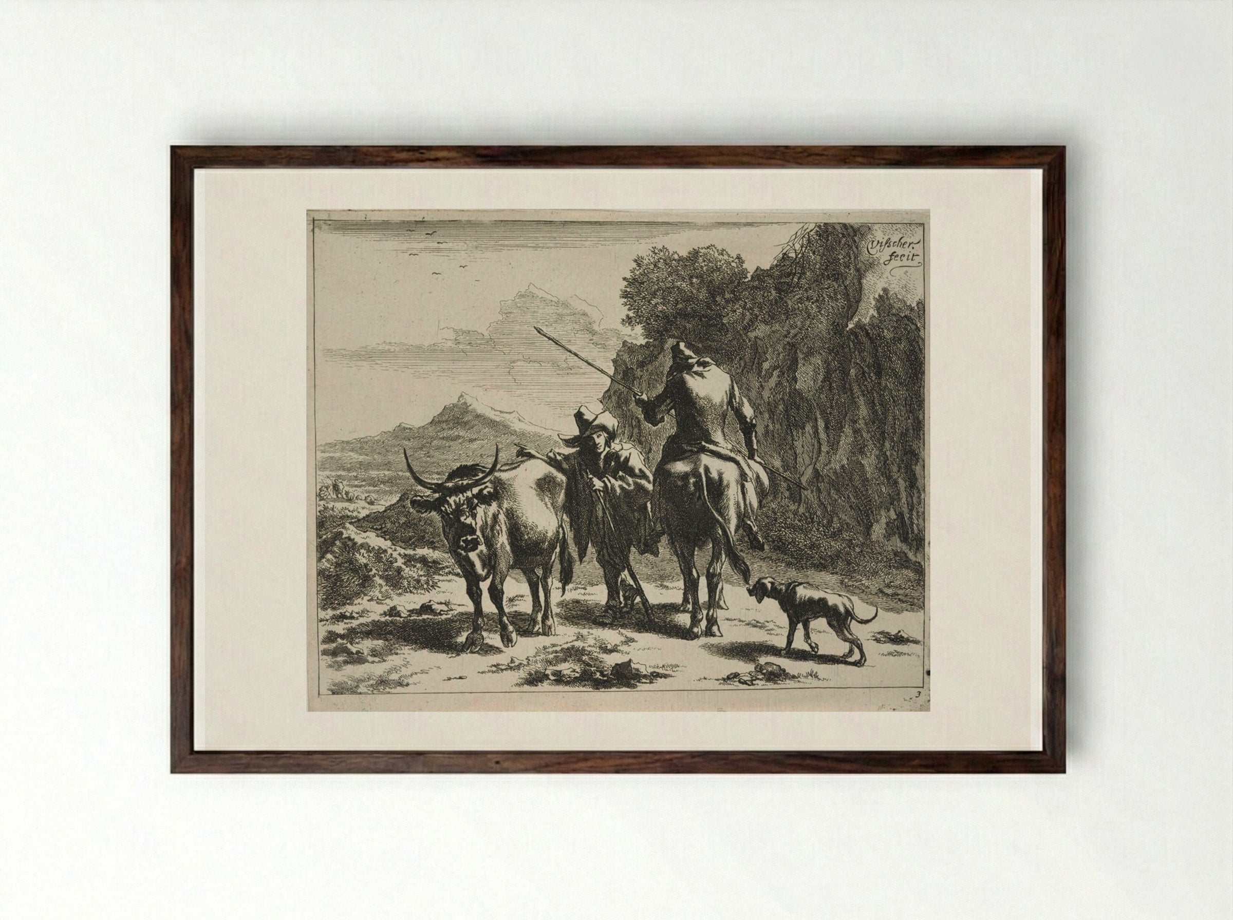 Standing Herdsman Chatting with a Mounted Herdsman - Johannes Visscher - Framed Print Dark Wood