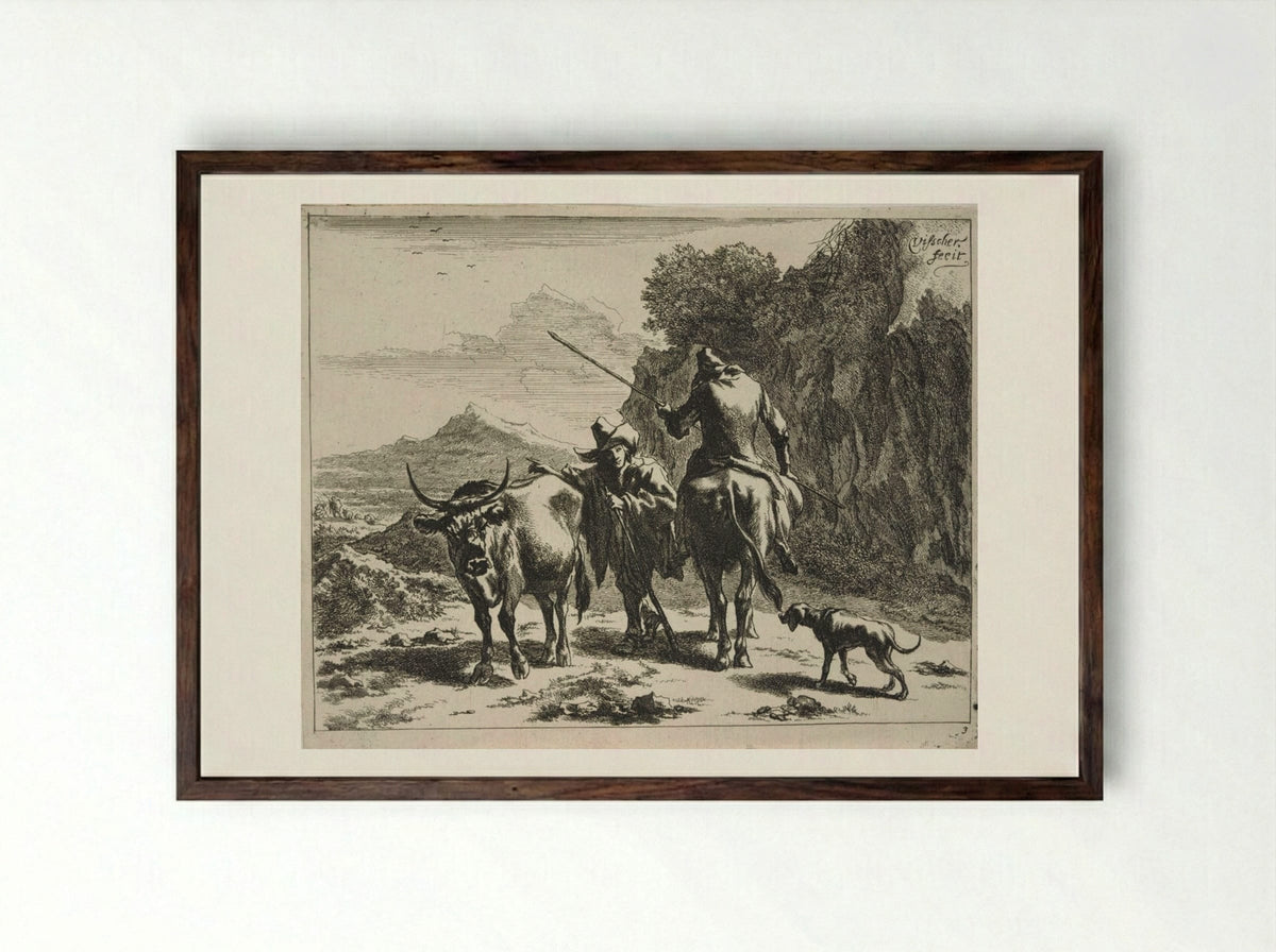Standing Herdsman Chatting with a Mounted Herdsman - Johannes Visscher - Framed Print Dark Wood