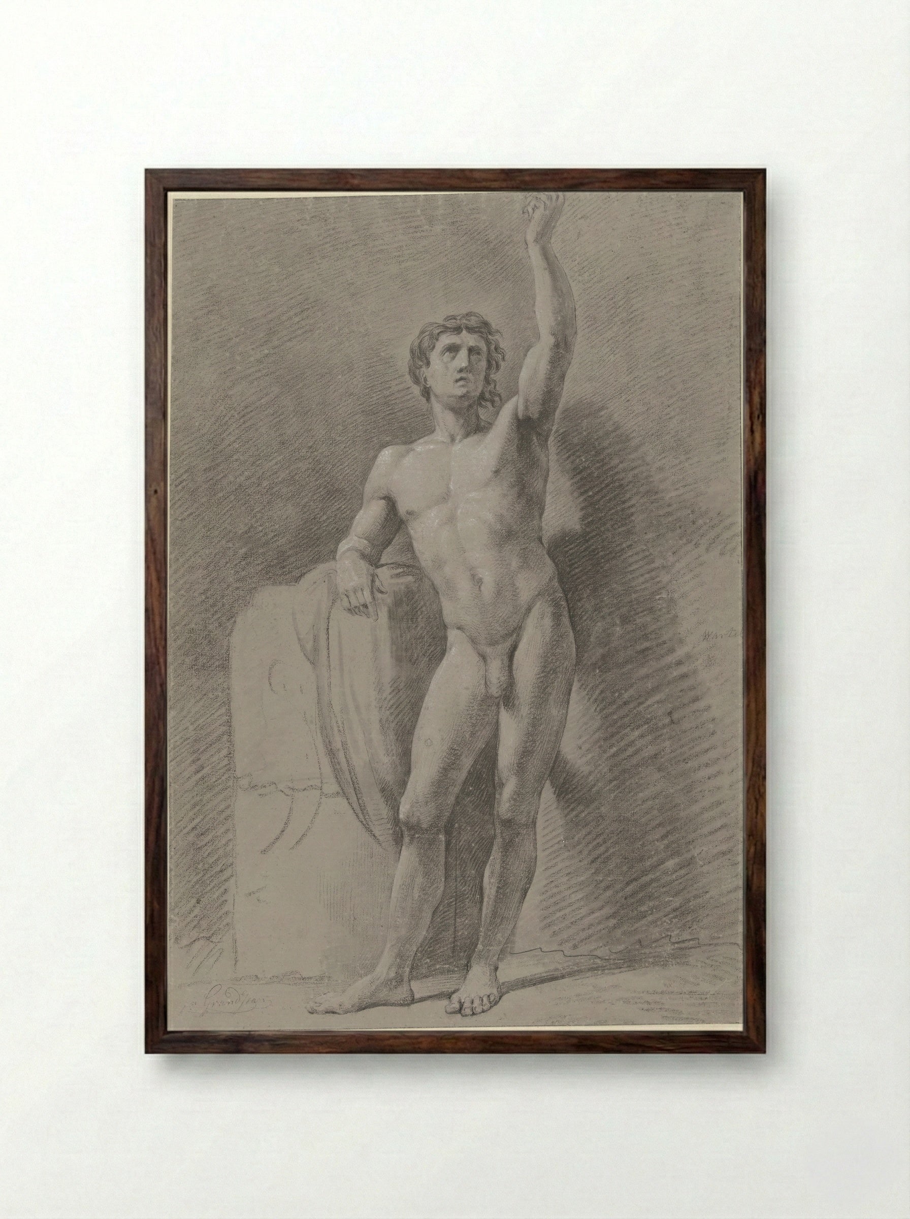 Standing Male Nude Leaning Against a Block - Jean Grandjean - Framed Print Dark Wood
