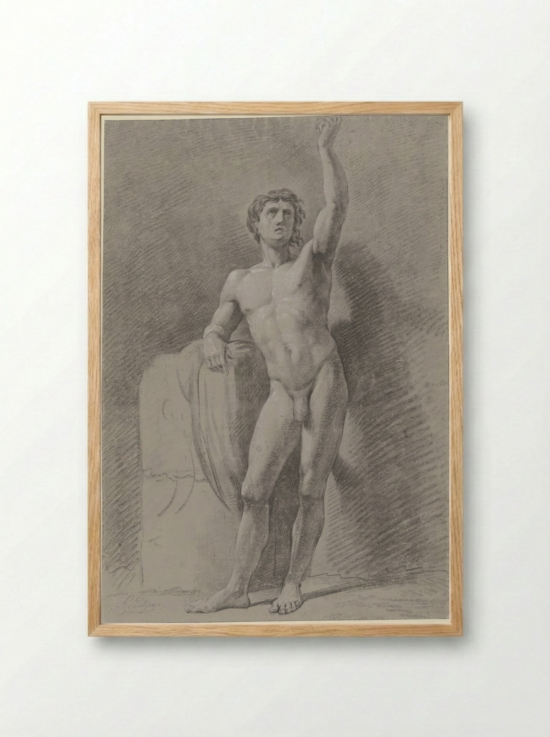 Standing Male Nude Leaning Against a Block - Jean Grandjean - Framed Print Wood