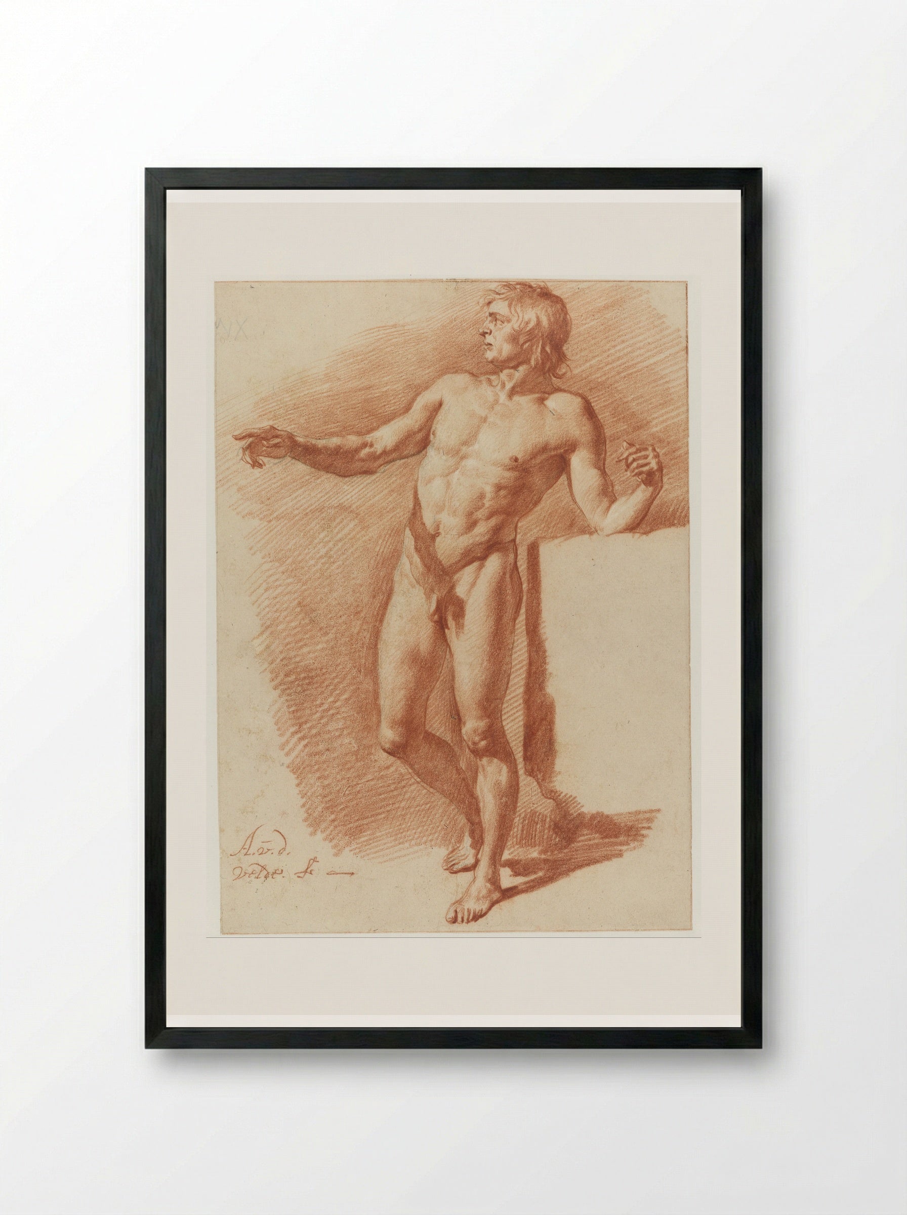 Standing Male Nude (Study in Red Chalk) - Adriaen van de Velde - Framed Print Black