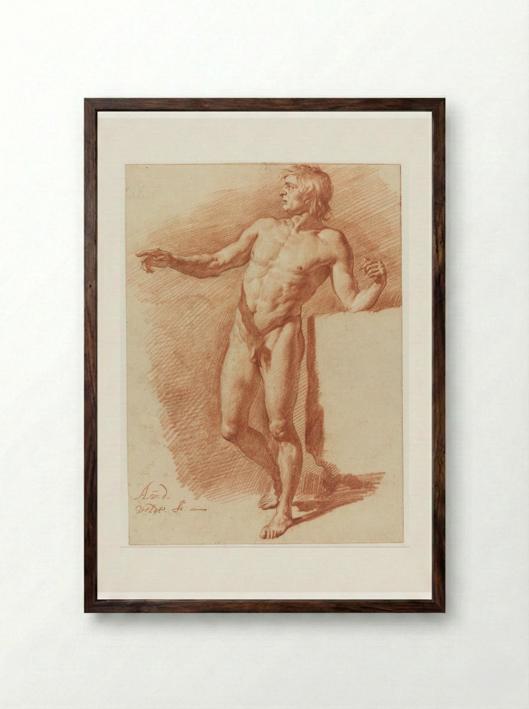 Standing Male Nude (Study in Red Chalk) - Adriaen van de Velde - Framed Print Dark Wood