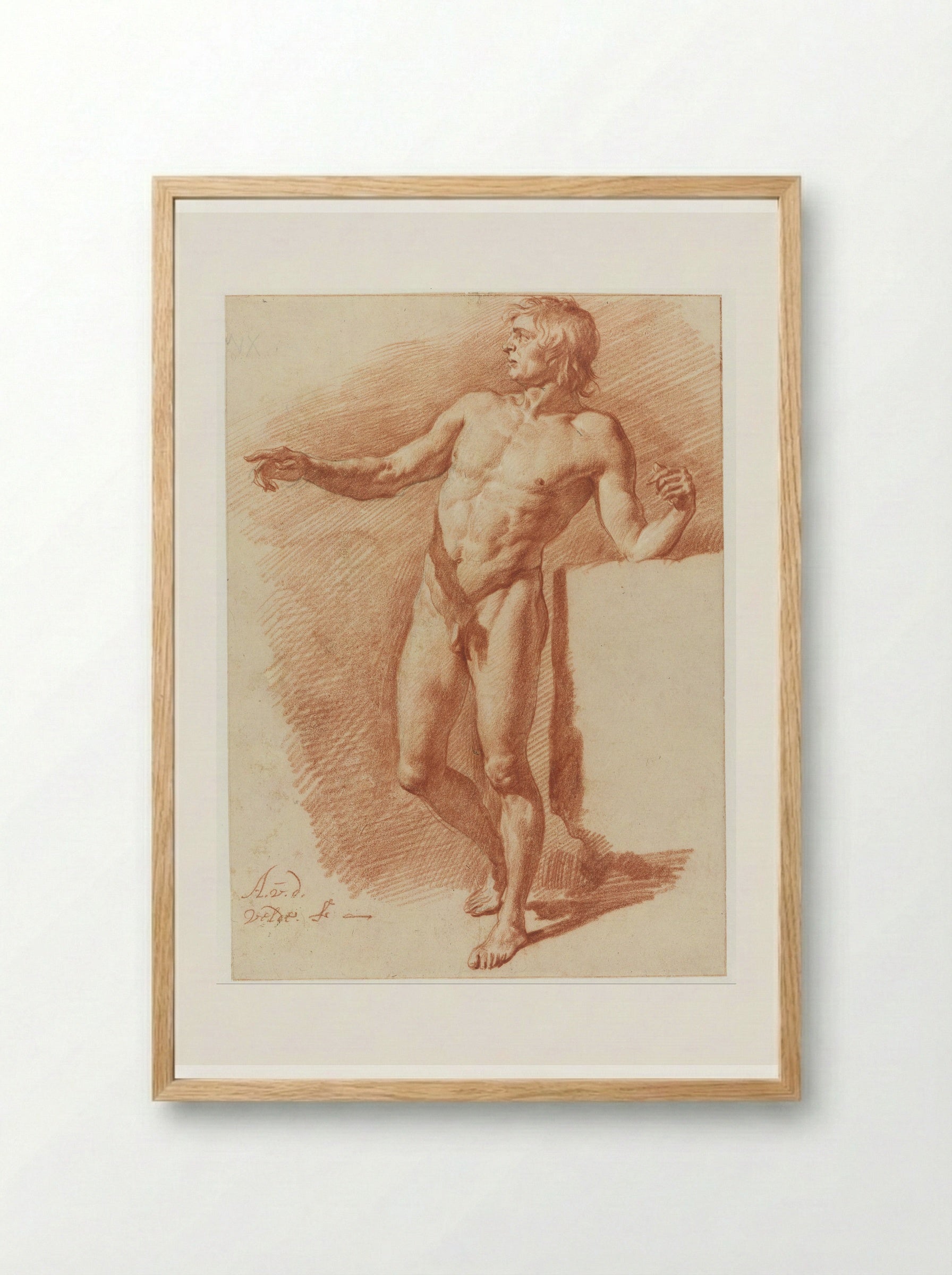 Standing Male Nude (Study in Red Chalk) - Adriaen van de Velde - Framed Print Wood