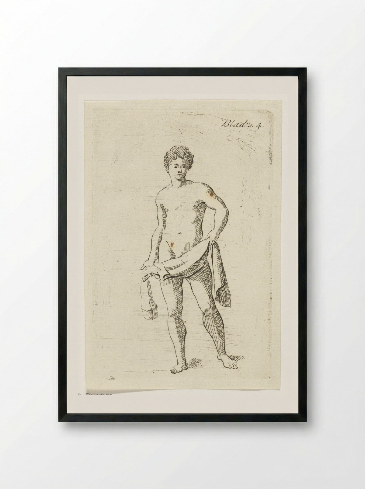 Standing Male Nude with Drapery - Anthonie van den Bos - Framed Print Black