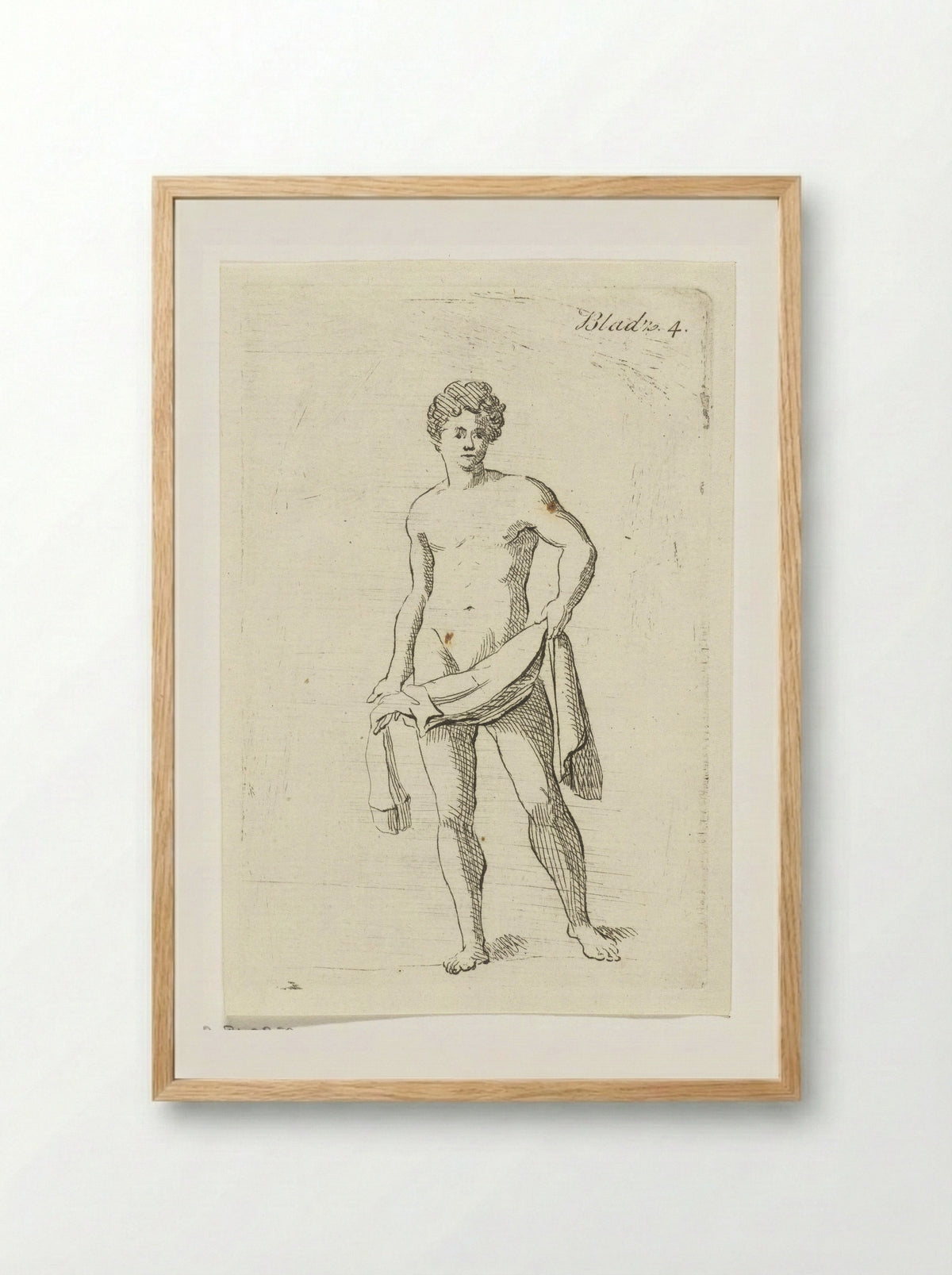 Standing Male Nude with Drapery - Anthonie van den Bos - Framed Print Wood