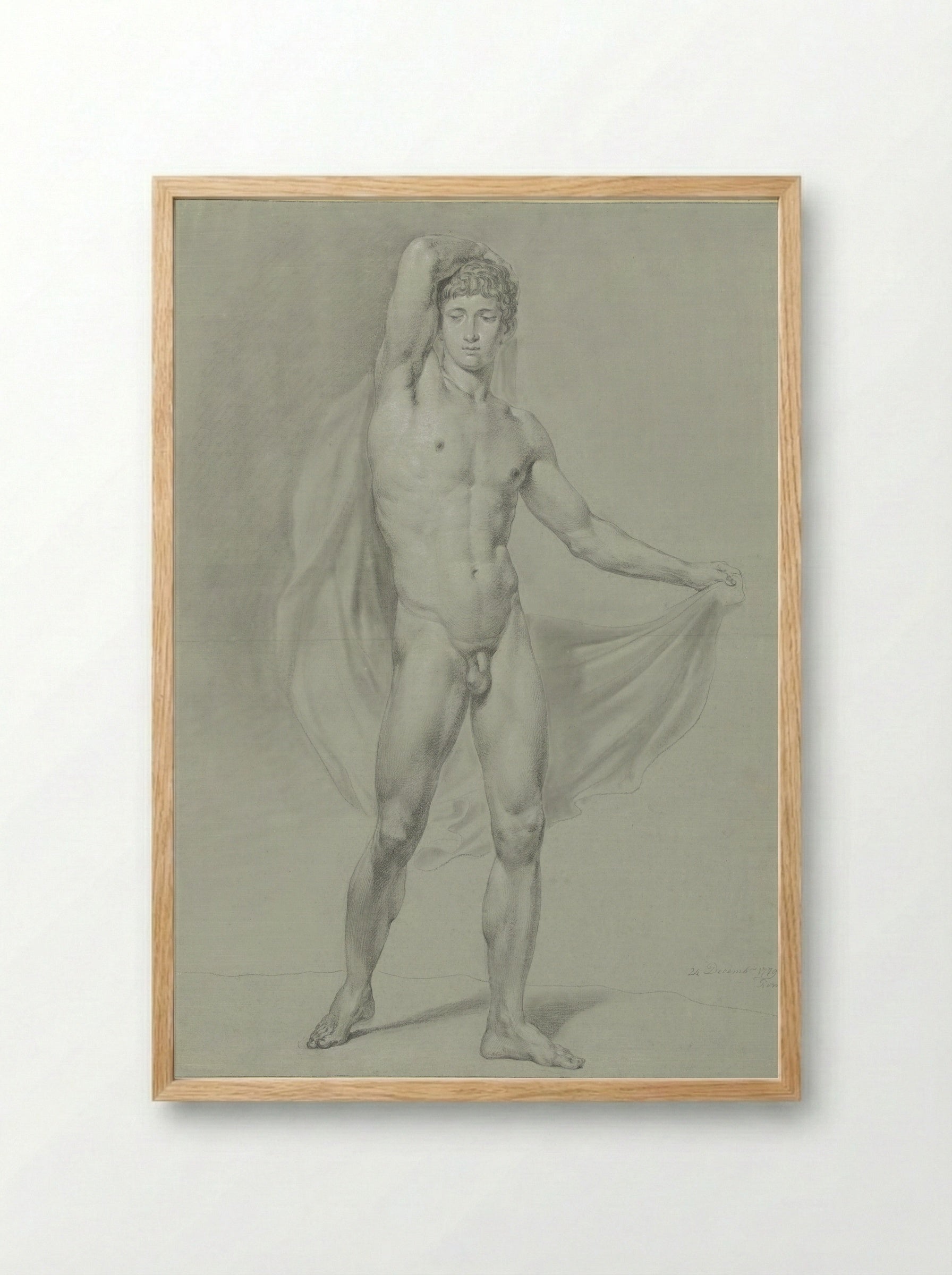 Standing Male Nude with Drapery - Jean Grandjean - Framed Print Wood