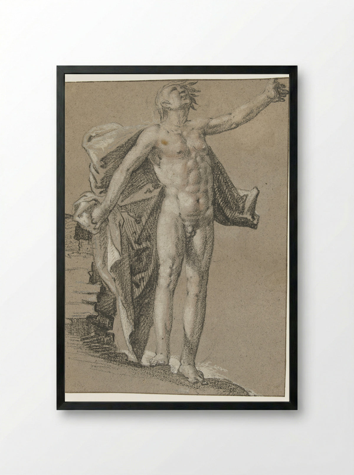 Standing Male Nude with Floating Drapery - Cornelis Cornelisz. van Haarlem - Framed Print Black