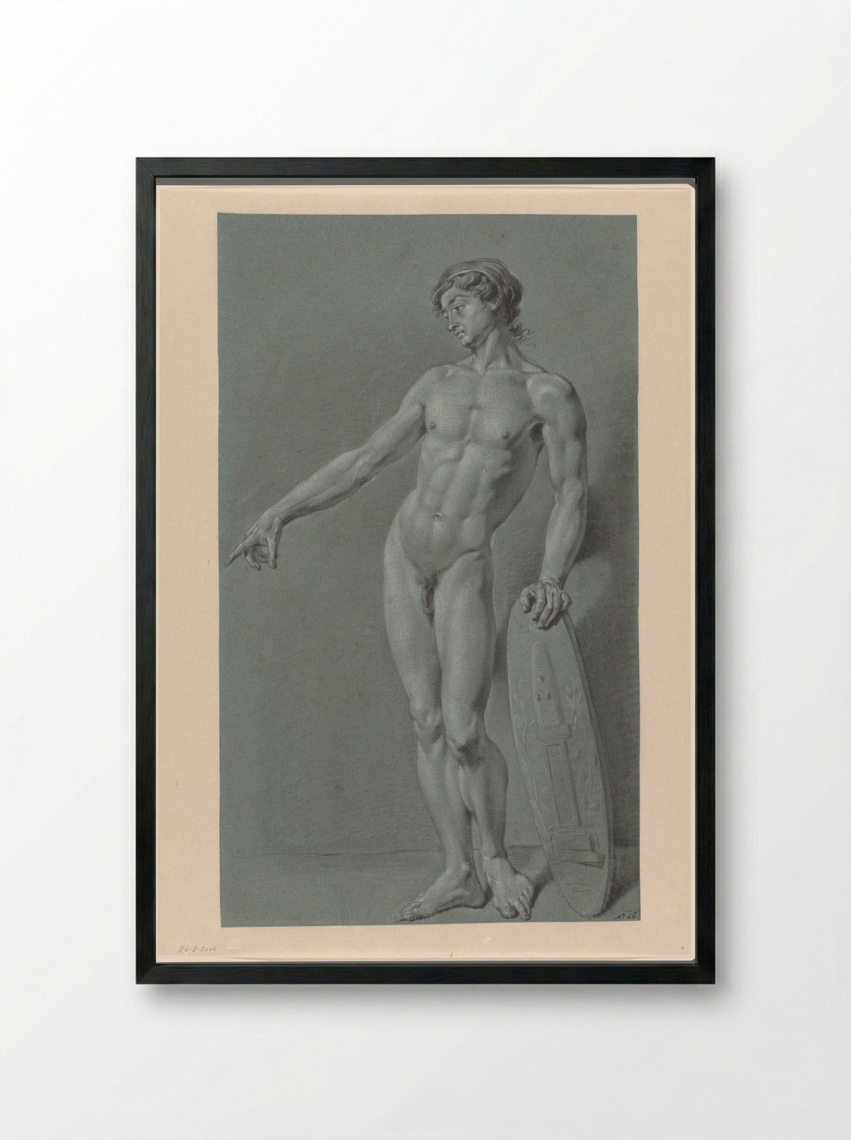 Standing Male Nude with a Shield Bearing the Emblem of Felix Meritis - Derk Anthony van de Wart - Framed Print Black