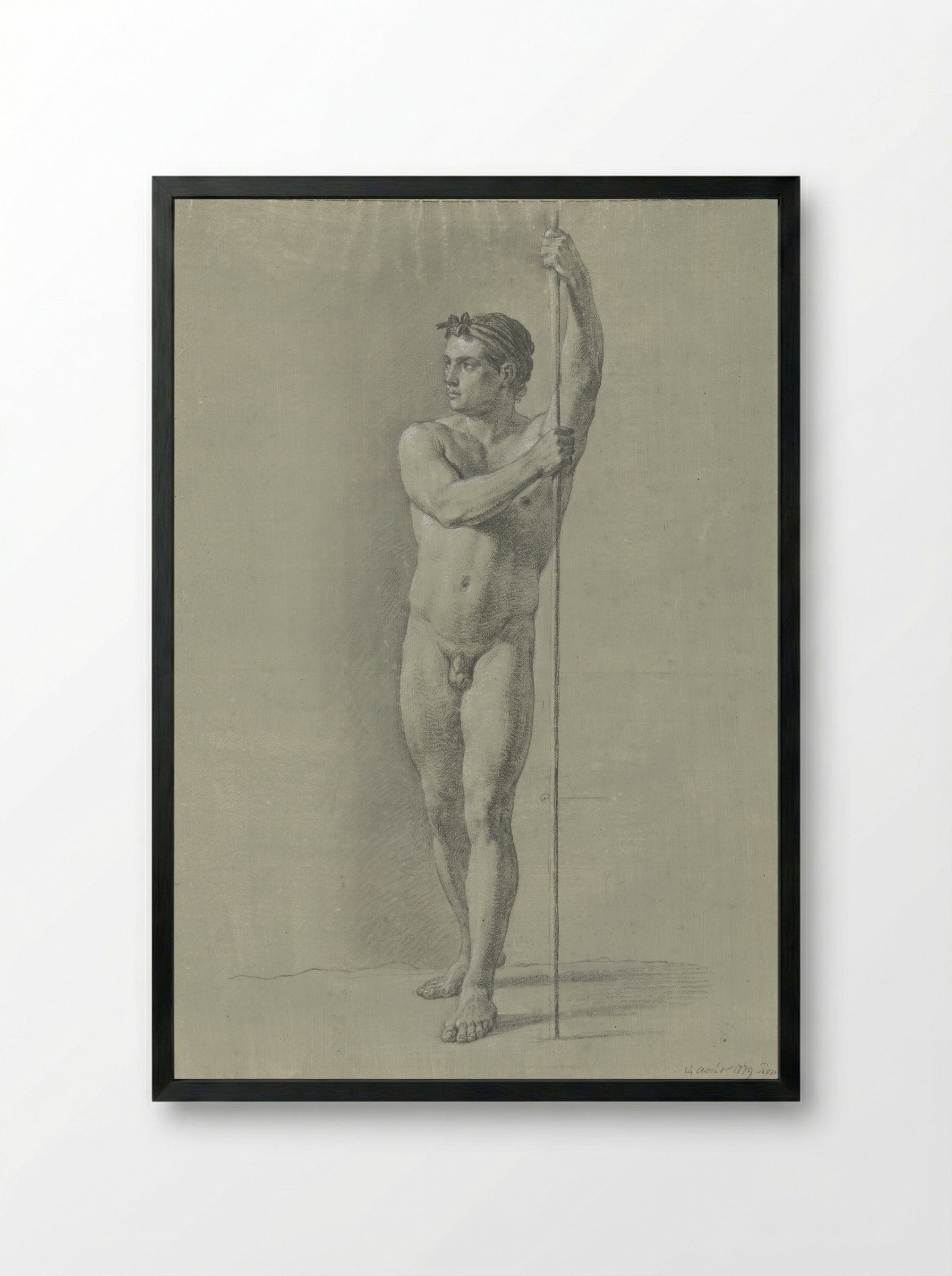 Standing Male Nude with a Staff - Jean Grandjean - Framed Print Black