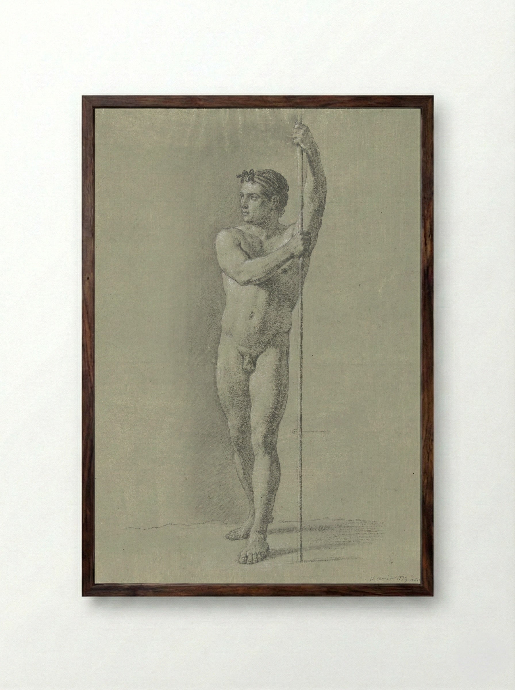 Standing Male Nude with a Staff - Jean Grandjean - Framed Print Dark Wood