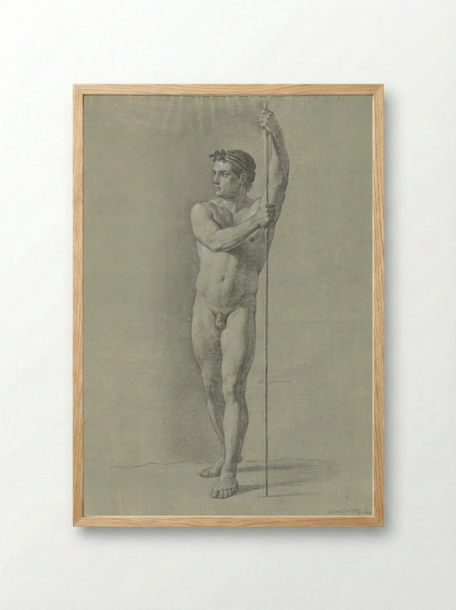 Standing Male Nude with a Staff - Jean Grandjean - Framed Print Wood