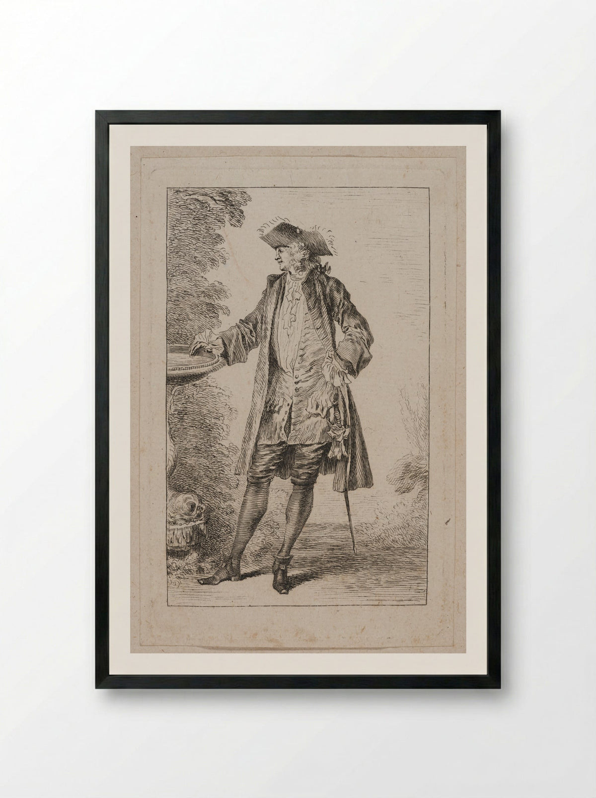 Standing Man, His Hand on a Basin - Jean-Antoine Watteau - Framed Print Black