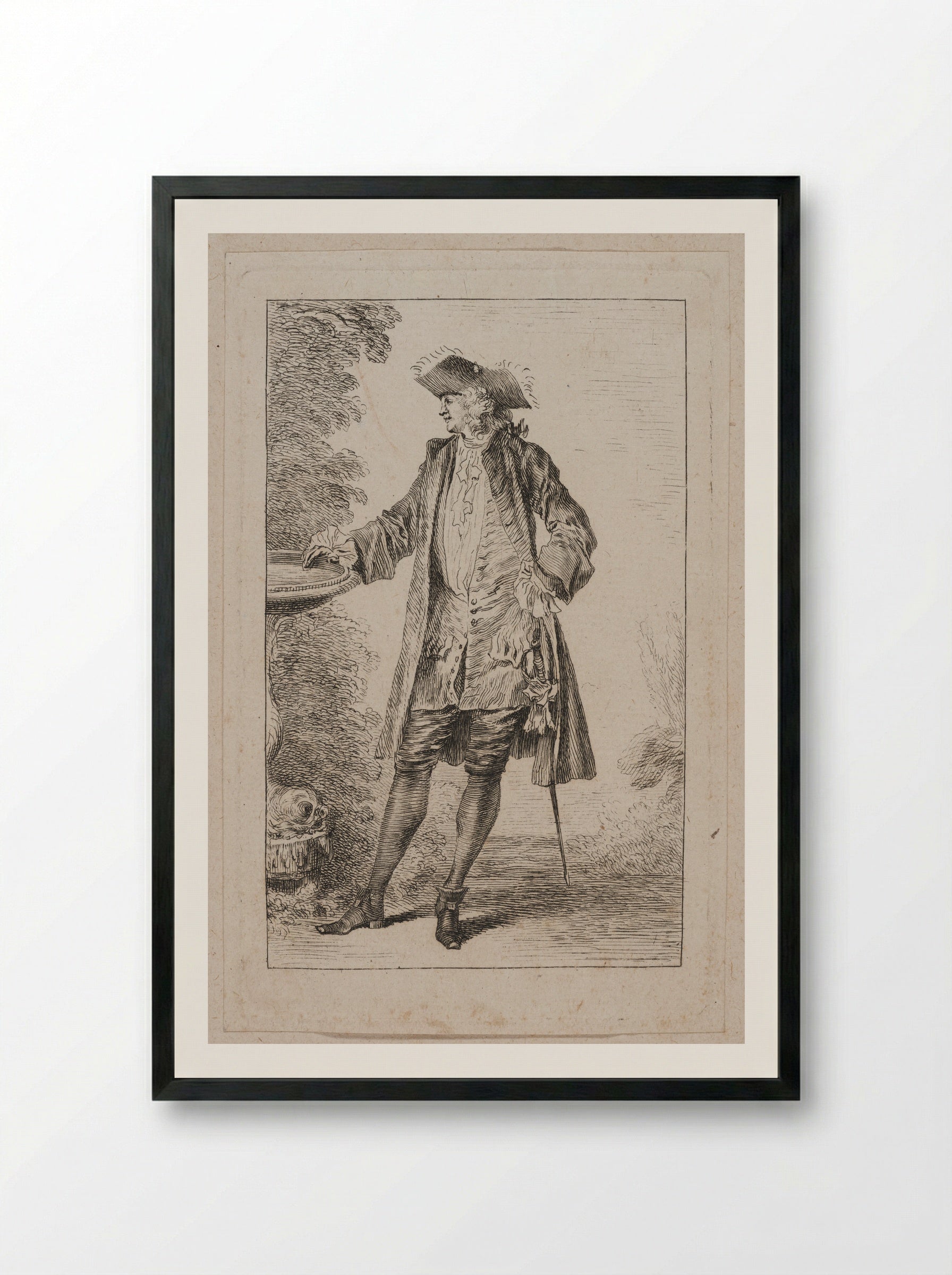 Standing Man, His Hand on a Basin - Jean-Antoine Watteau - Framed Print Black