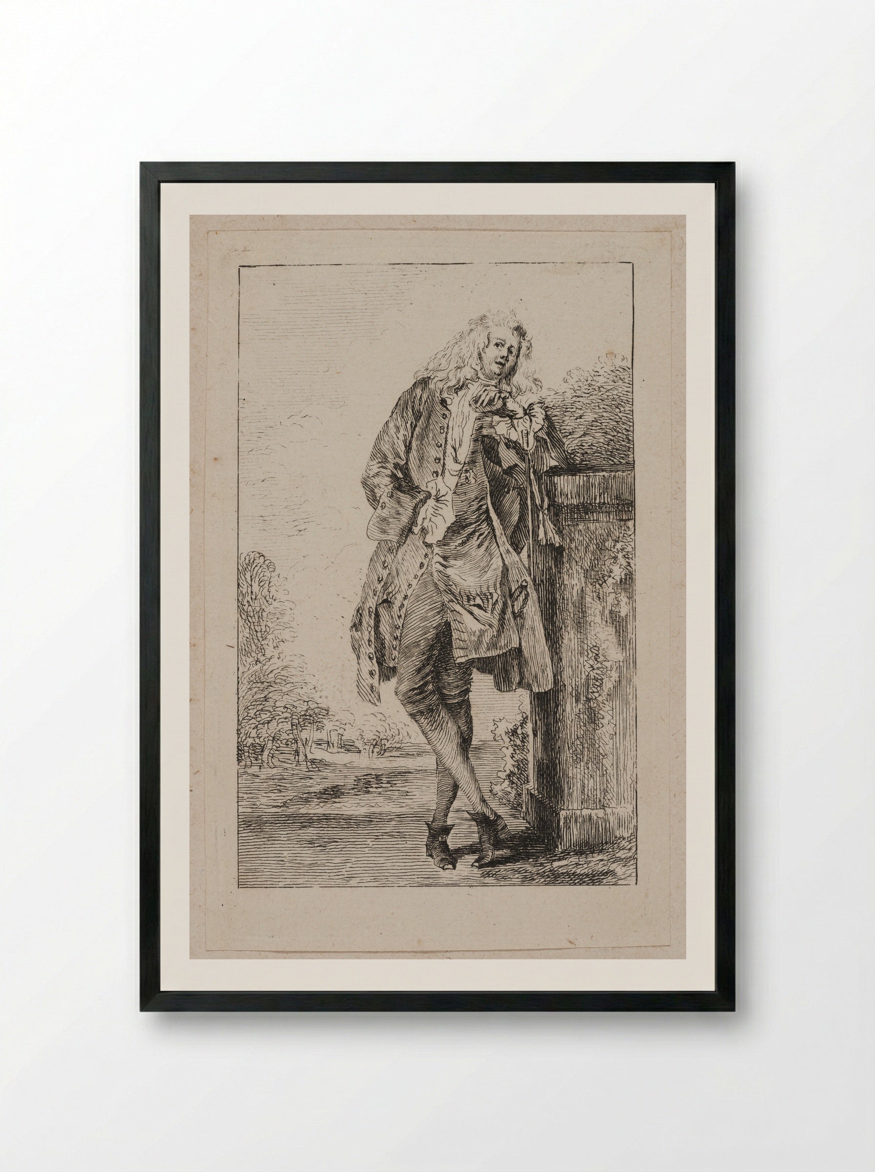 Standing Man, Leaning on a Pedestal - Jean-Antoine Watteau - Framed Print Black