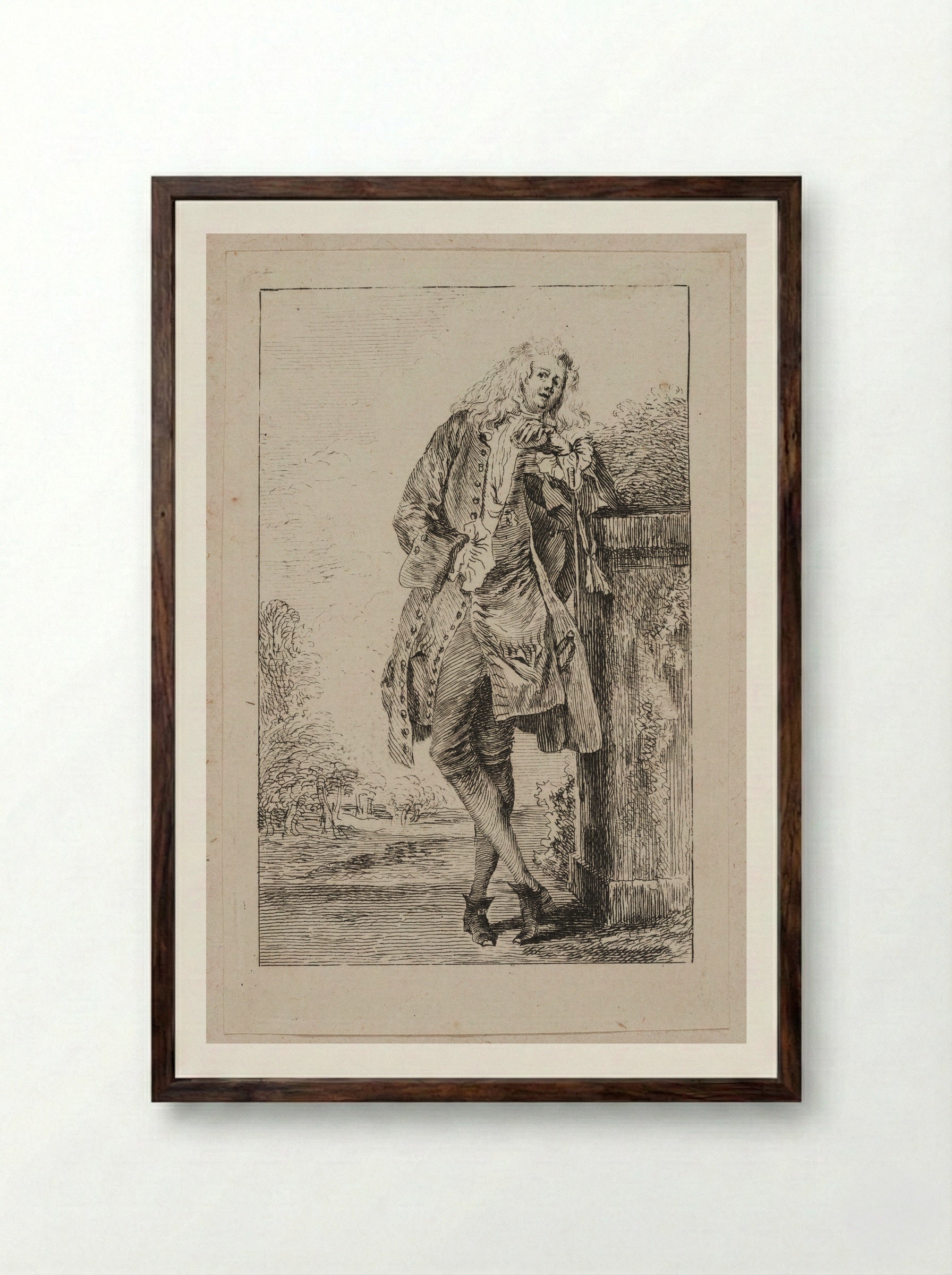 Standing Man, Leaning on a Pedestal - Jean-Antoine Watteau - Framed Print Dark Wood