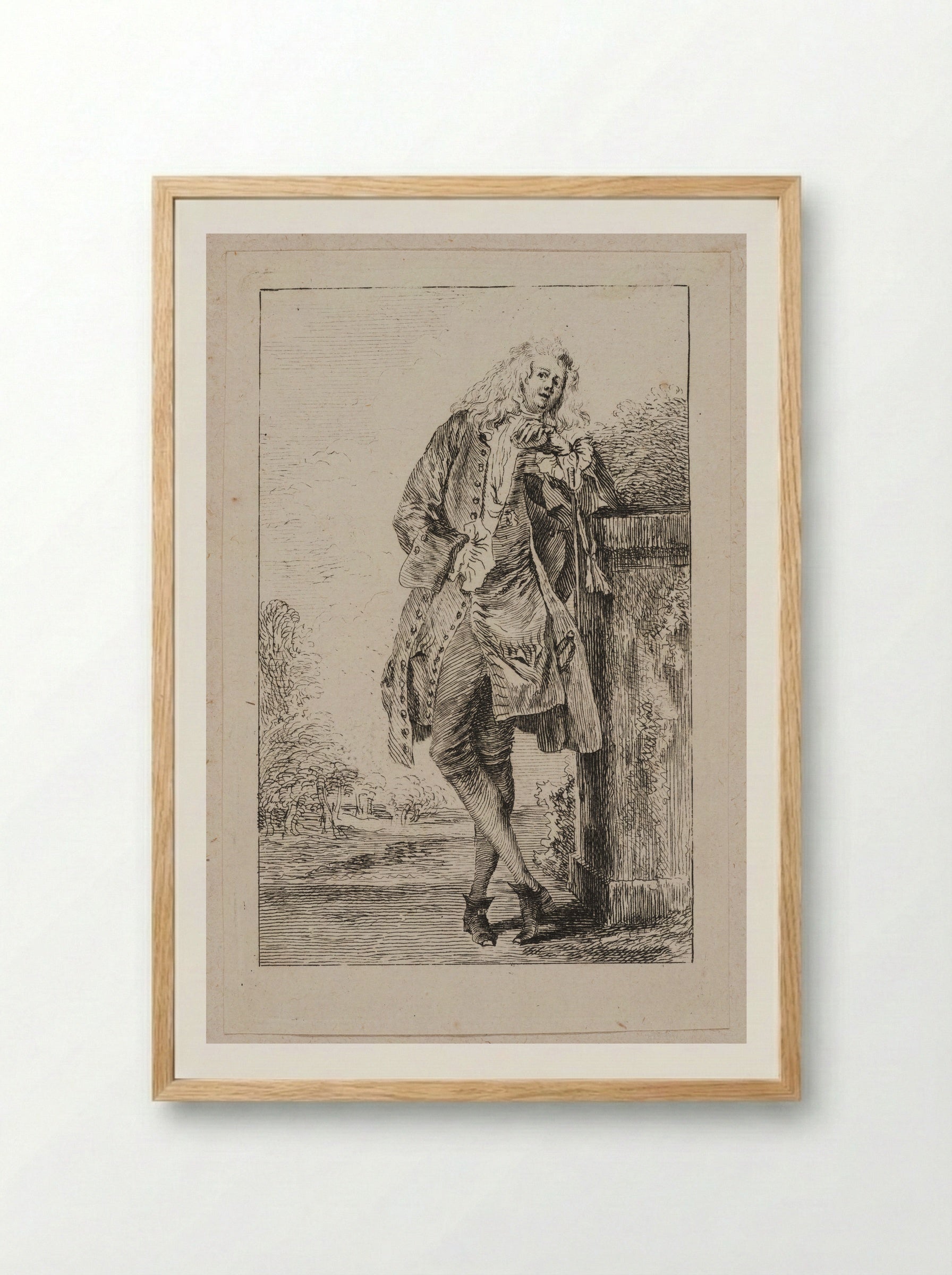 Standing Man, Leaning on a Pedestal - Jean-Antoine Watteau - Framed Print Wood