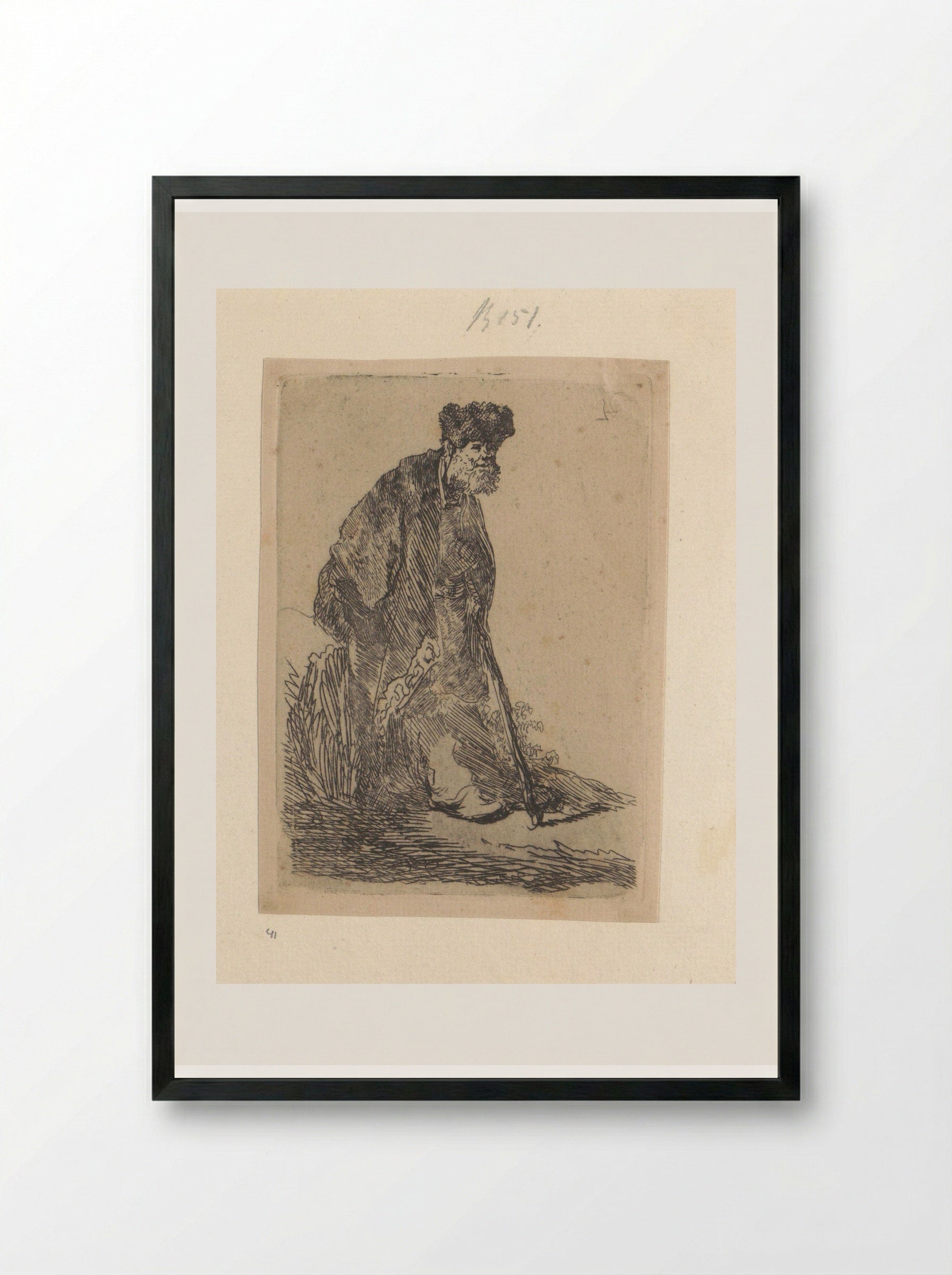 Standing Man in a Long Cloak and Fur Cap - Henry Louis Basan - Framed Print Black