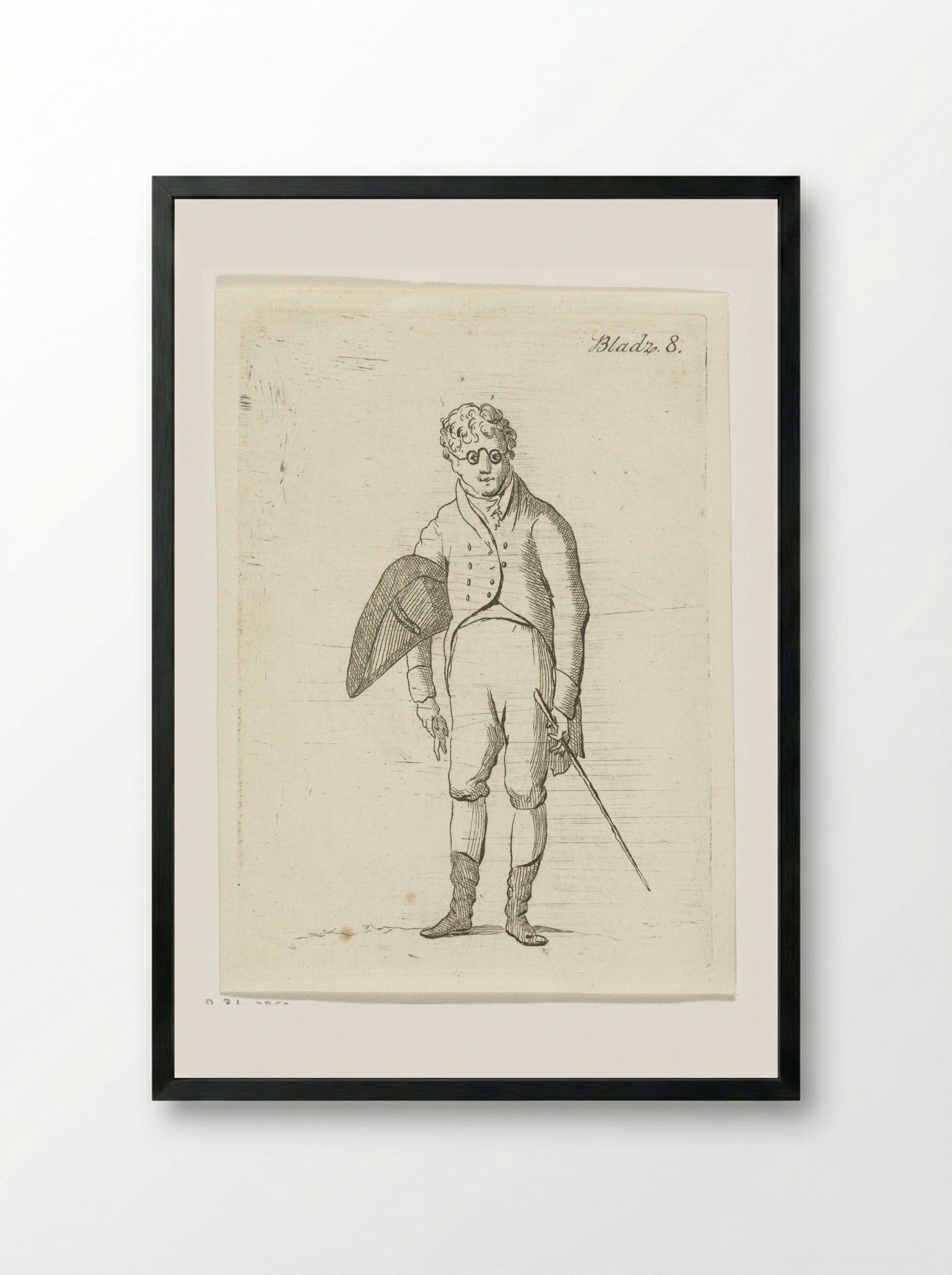 Standing Man with Spectacles and Walking Stick - Anthonie van den Bos - Framed Print Black