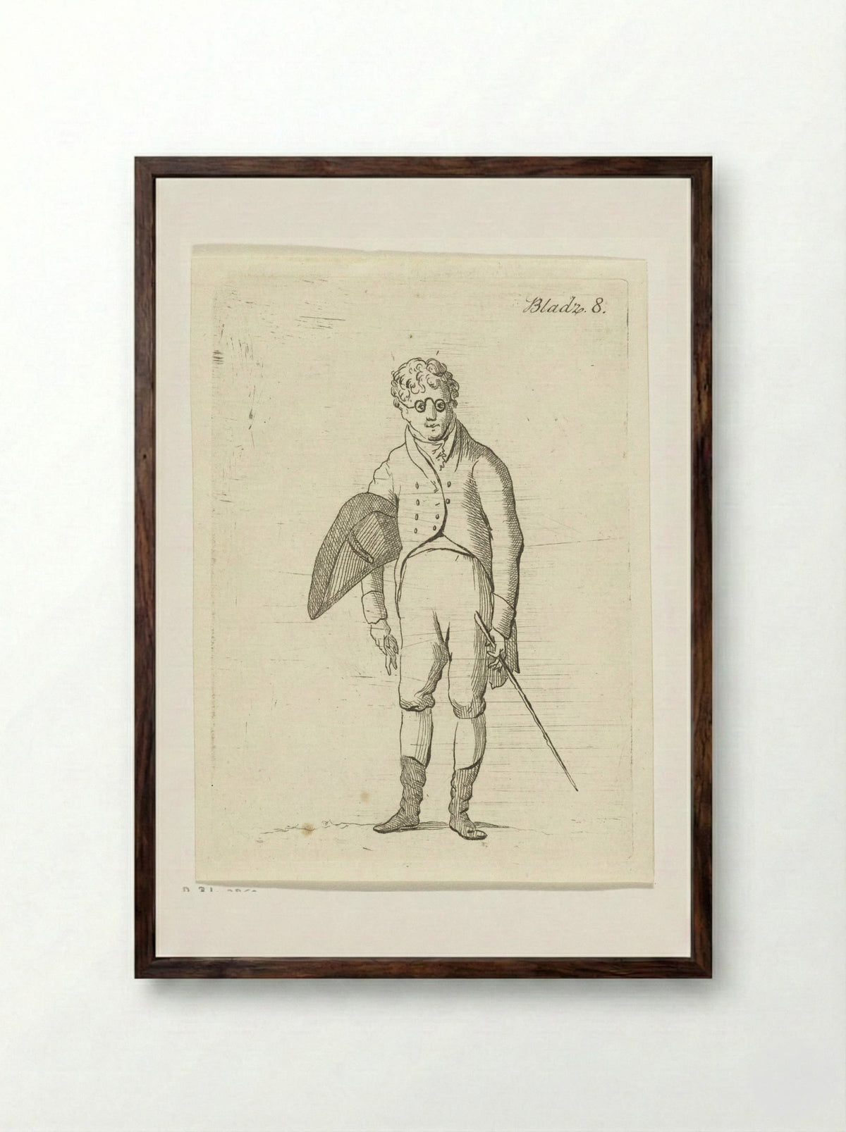 Standing Man with Spectacles and Walking Stick - Anthonie van den Bos - Framed Print Dark Wood