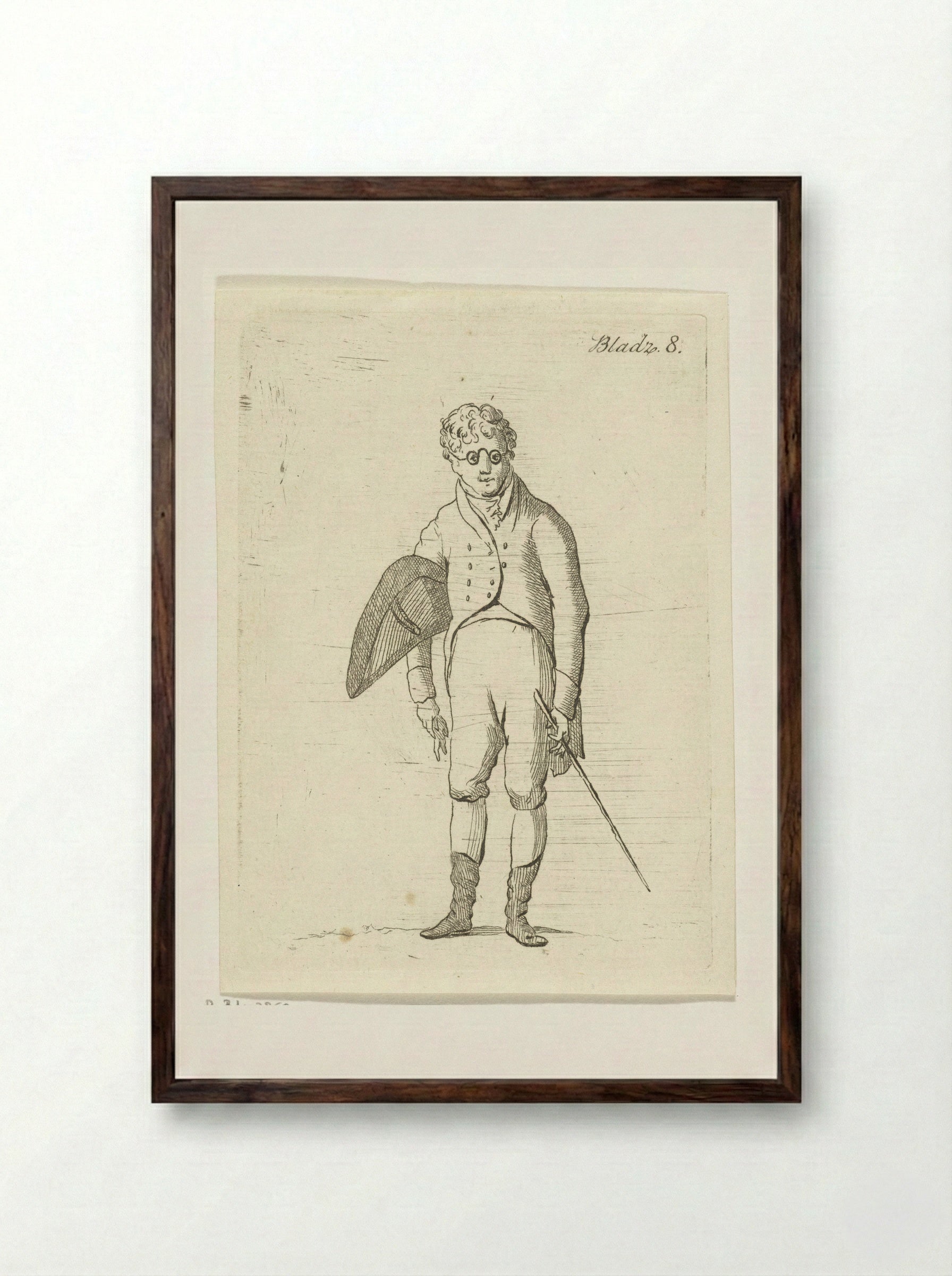 Standing Man with Spectacles and Walking Stick - Anthonie van den Bos - Framed Print Dark Wood