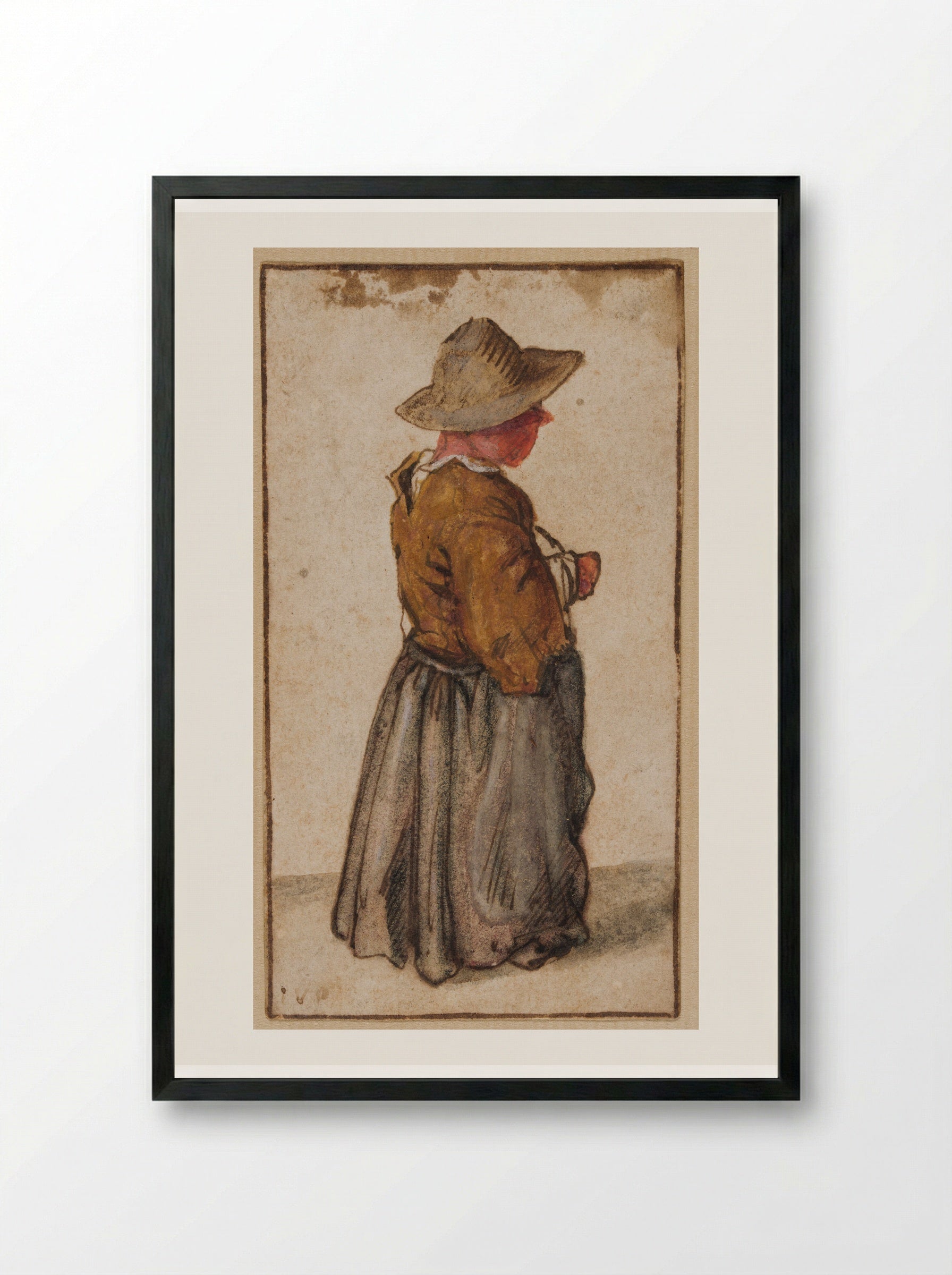Standing Peasant Woman seen from Three-Quarters to the Rear - Cornelis Dusart - Framed Print Black