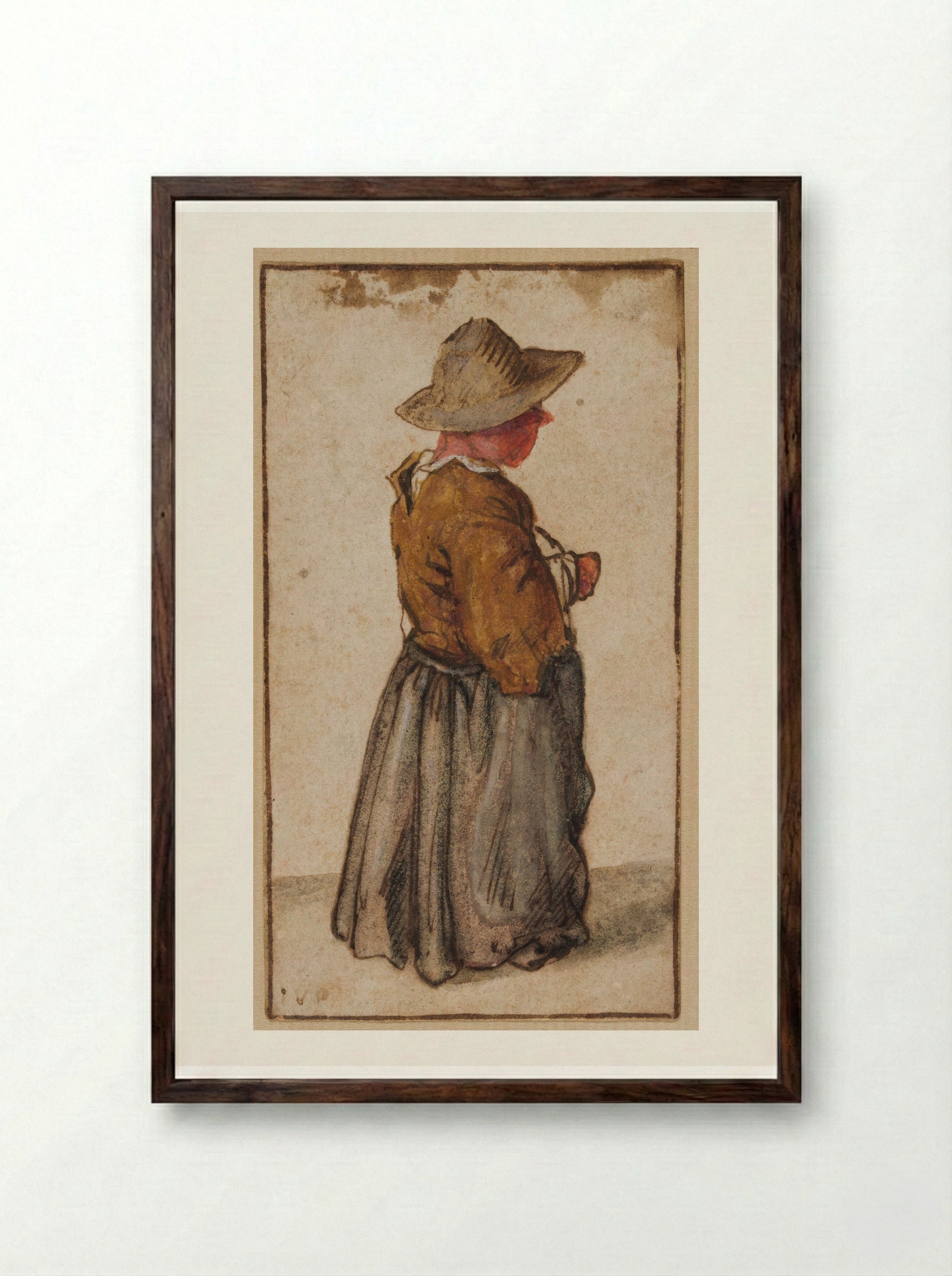 Standing Peasant Woman seen from Three-Quarters to the Rear - Cornelis Dusart - Framed Print Dark Wood